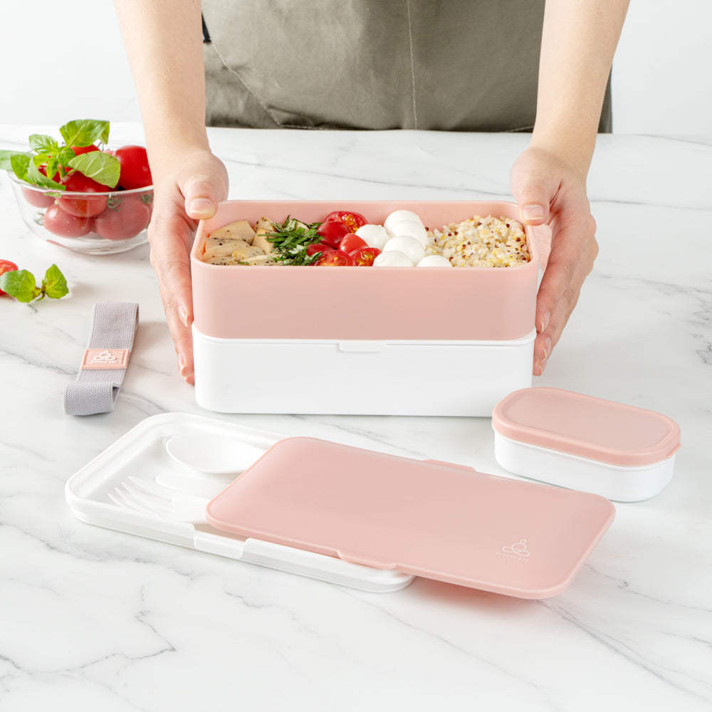 Bento Tek 41oz Pink & White Buddha Lunch Box with Utensils & Sauce Cup - 7.25