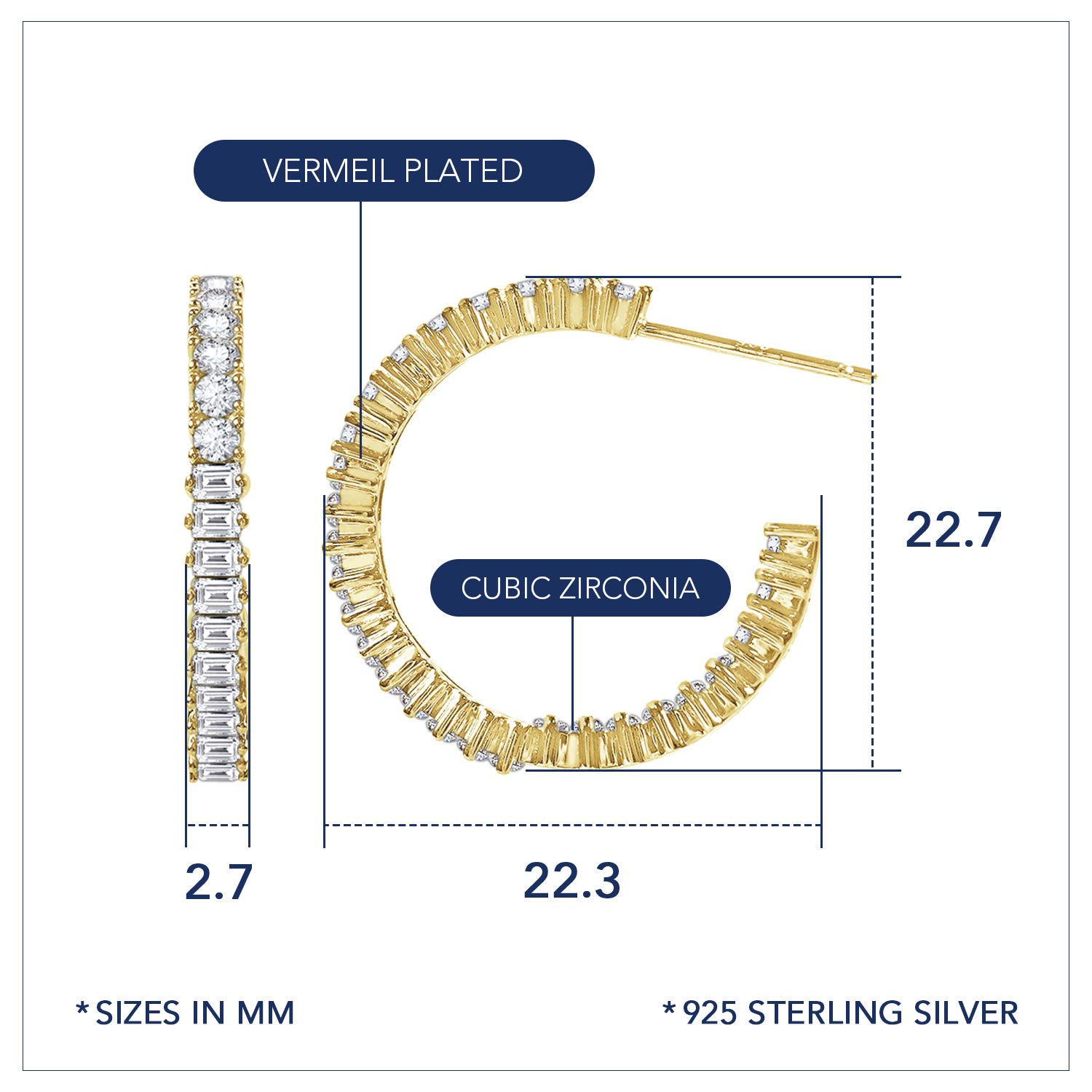 KIERA Yellow Gold Plated Sterling Silver Cubic Zirconia Mixed Stone Hoop Stud Earrings for Women - Perfect for Parties, Weddings & Everyday Elegance