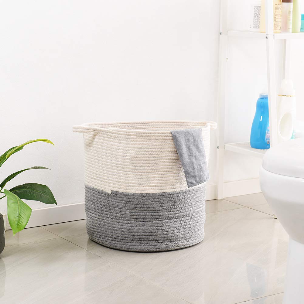 17x15.1 Inch Woven Rope Storage Basket with Handles - Collapsible Cotton Laundry Hamper for Towels, Blankets & Toys | Perfect for Nursery, Bathroom & Closet Organization