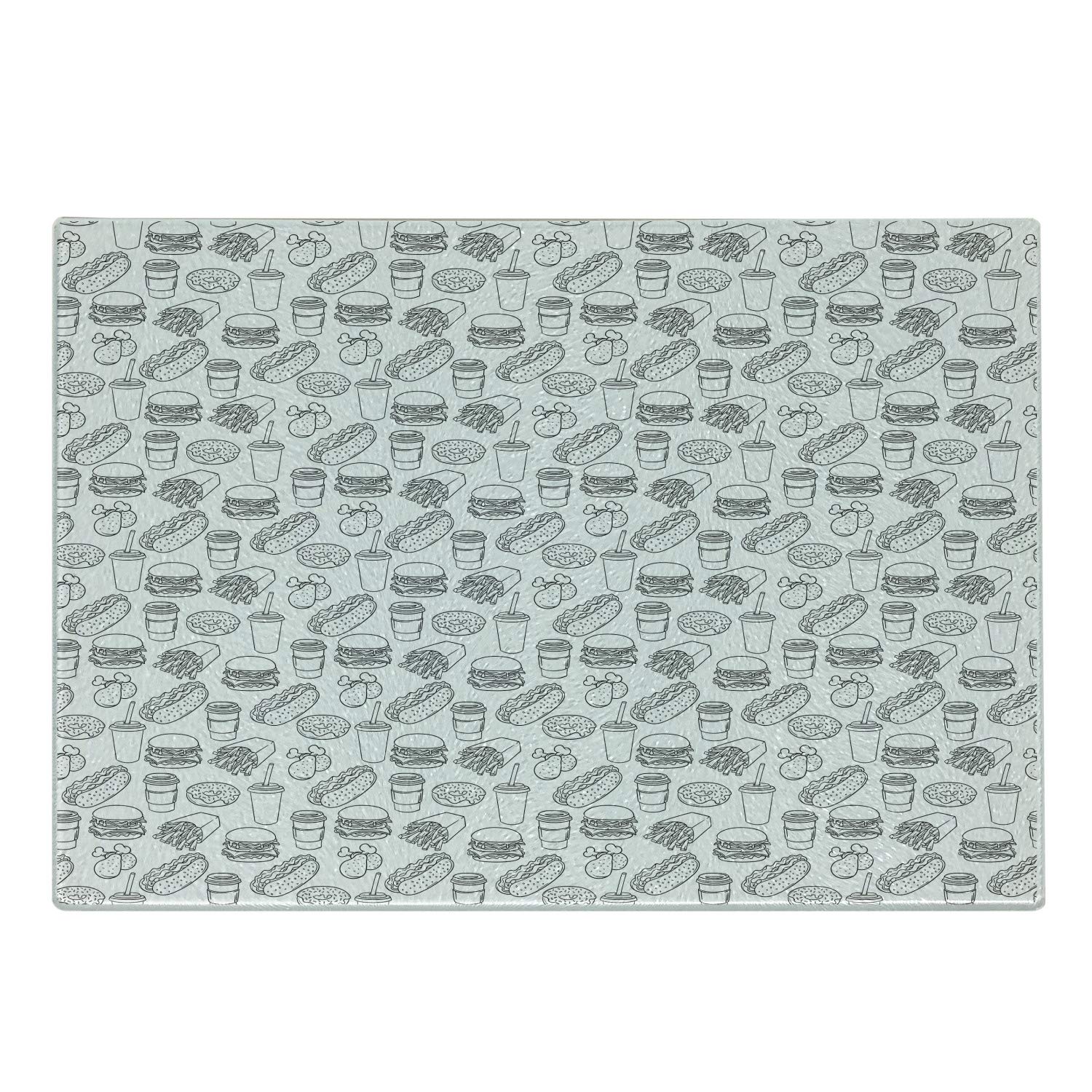 Ambesonne Tempered Glass Cutting Board - Decorative Kitchen Serving Board with Burger, Chicken Leg, Donuts & Fries Outline Art - Small Size Charcoal Grey & White - Perfect for Food Prep, Serving Appetizers & Home Decor