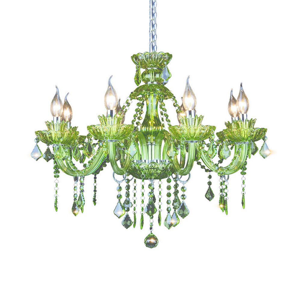 LAKIQ Modern Crystal Chandelier - Adjustable Hanging Pendant Light with 6 Candle-Style Lights for Living Room, Bedroom, Dining Room - Elegant Green Lighting Fixture for Home Decor, Wedding & Party Events