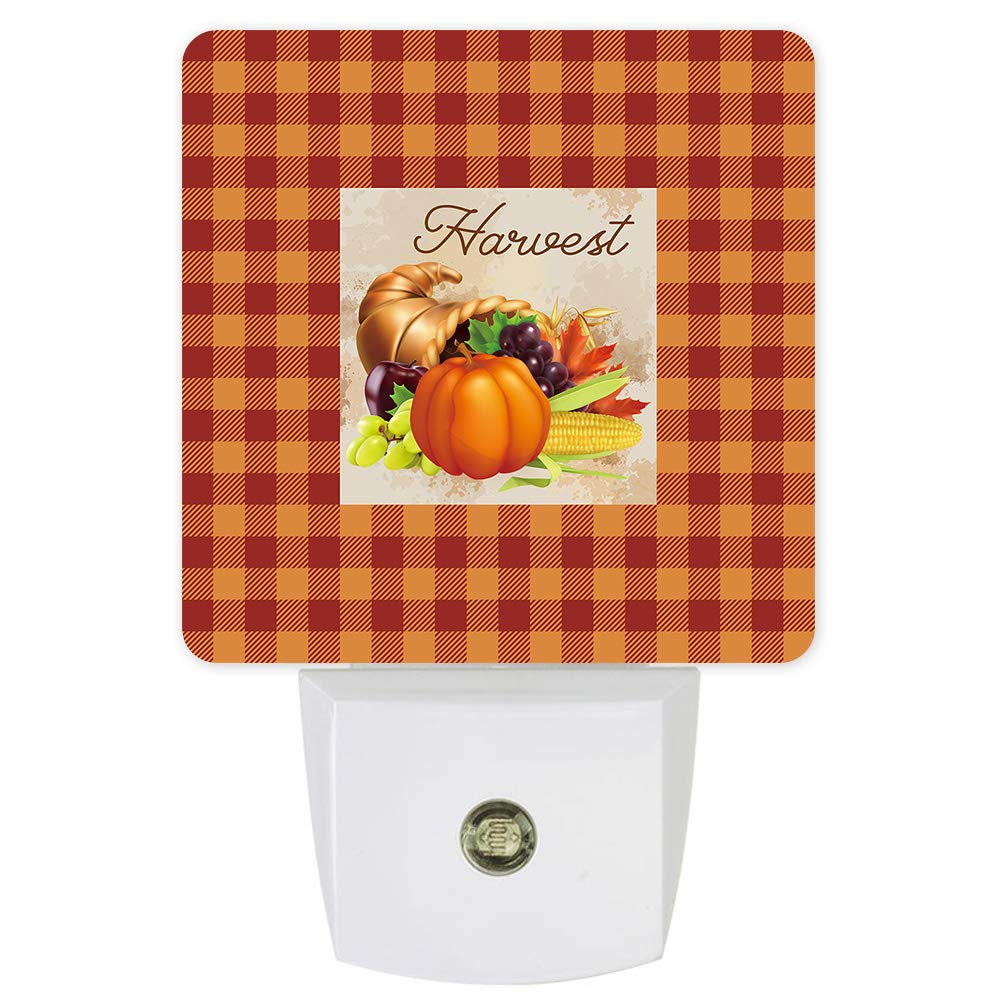 Autumn Harvest Orange Plaid LED Night Light for Kids - Plug-in Wall Nightlight with Dusk-to-Dawn Sensor - Perfect for Nursery, Bedroom, Bathroom, Hallway & Stairs - Soothing Baby Night Light for Safe Home Decor