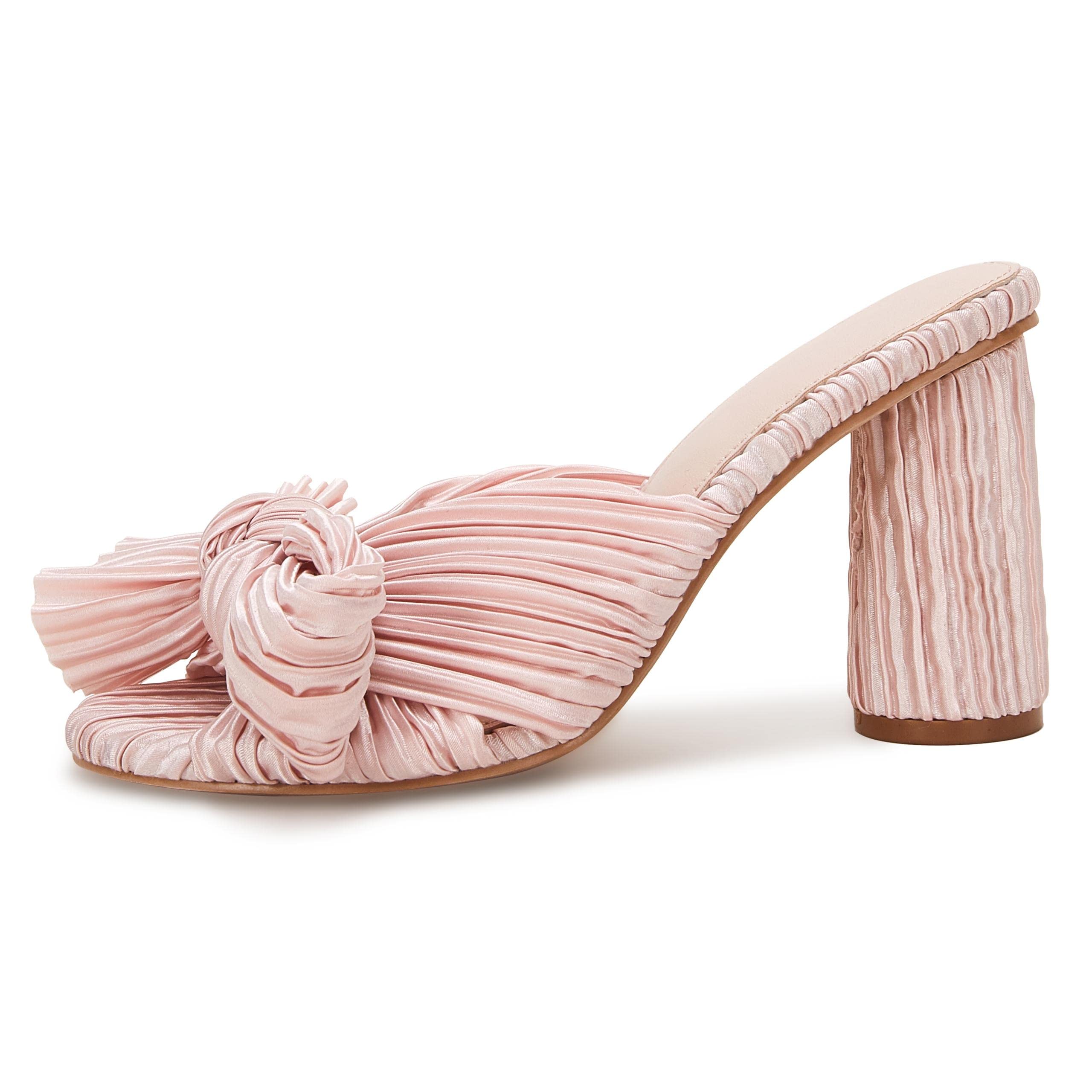 VETASTE Women's Pleated Bow Knot Heeled Sandals - Comfortable Slip On Open Toe Block Chunky Heel Slides for Bridal, Wedding, Party & Dressy Occasions