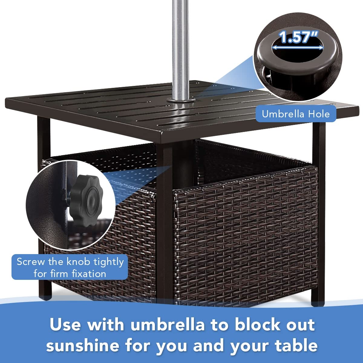 Outdoor Bistro Table - Rattan Wicker & Steel Side Deck Dining Table with Umbrella Hole - Perfect for Patio, Garden, and Poolside Dining