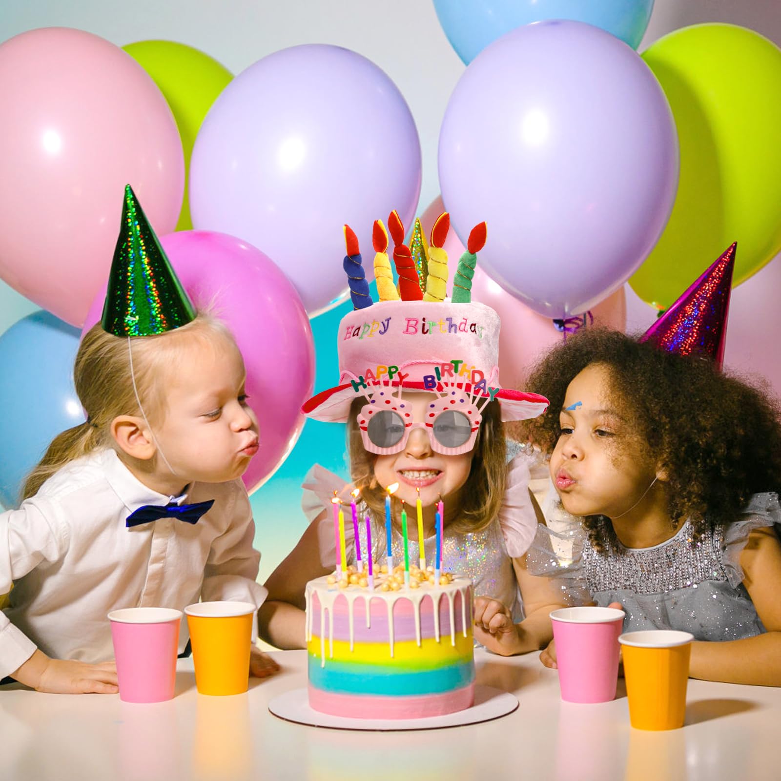 Okllen Birthday Hats Set of 2 for Adults - Plush Cake Party Hats with Fun Sunglasses, Blue & Pink Novelty Headwear for Birthday Celebrations | Perfect for Birthday Parties, Bachelorette Events & Costume Themes