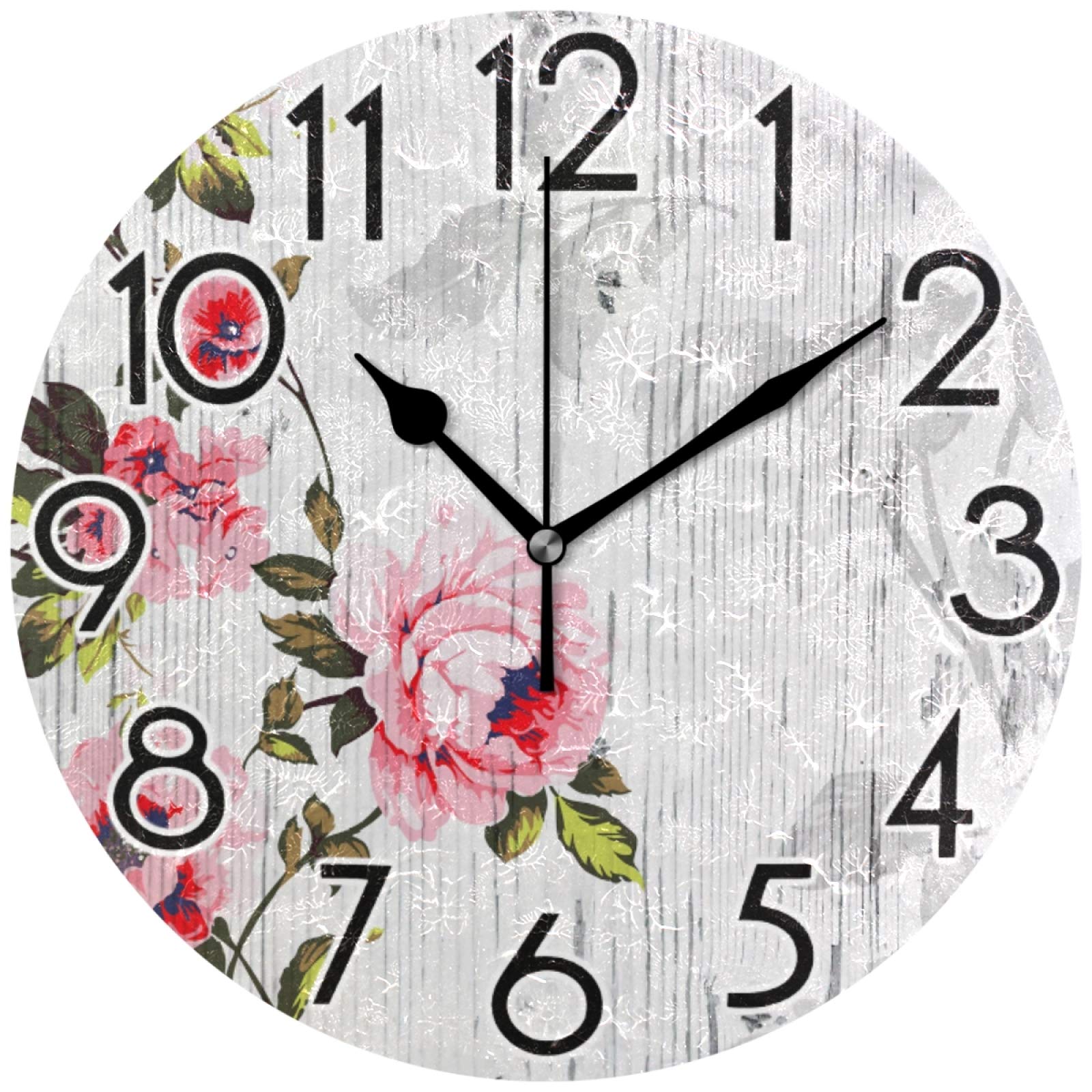Pink Rose Wooden Round Wall Clock - Silent Non-Ticking Battery Operated Decor for Home, Office & School | Perfect for Bedroom, Living Room & Classroom Décor