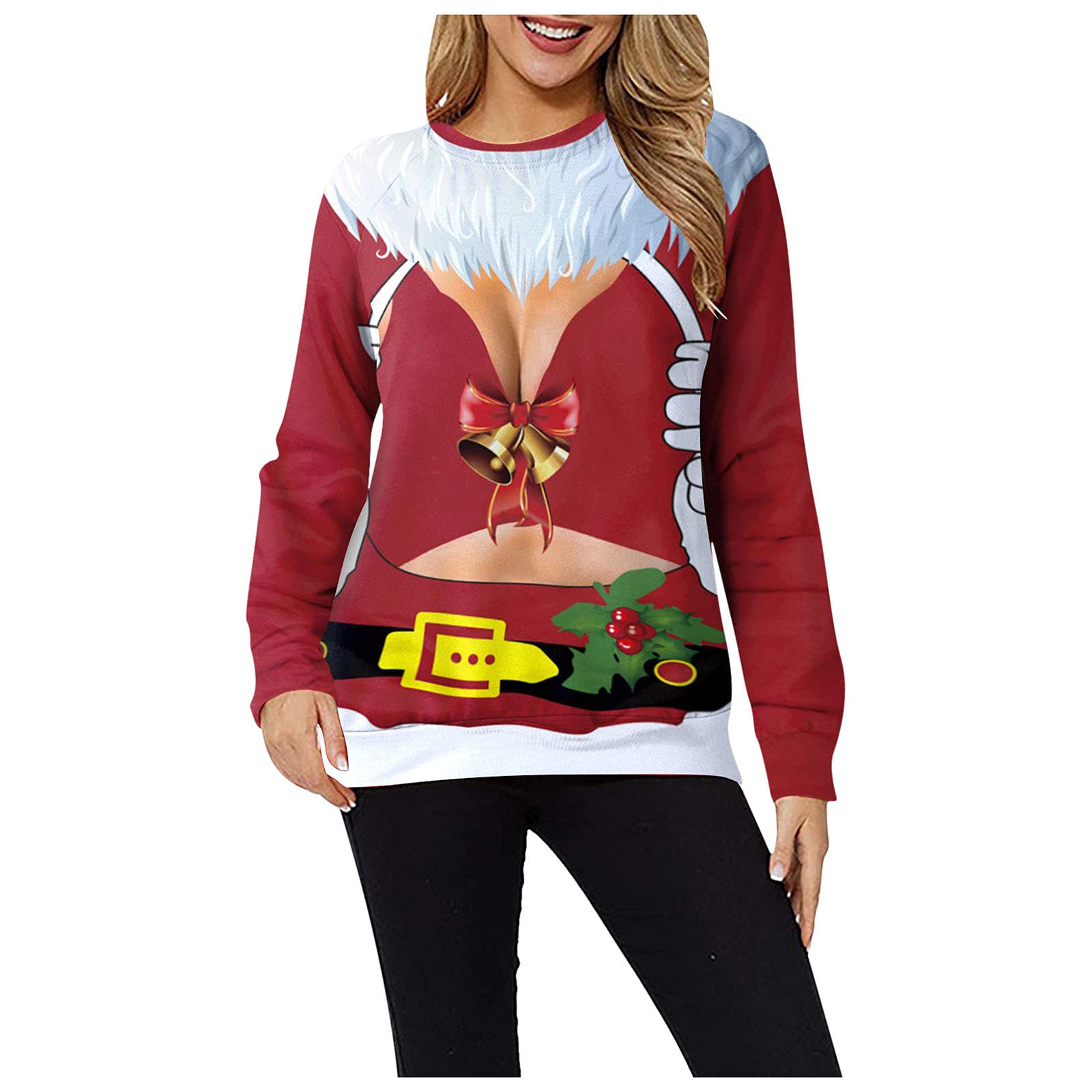 Women's Christmas Long-Sleeve Funny Print Crewneck Sweatshirt - Festive Holiday Pullover with Snap Front Closure - Cozy Winter Blouse for Parties, Family Gatherings & Ugly Sweater Contests