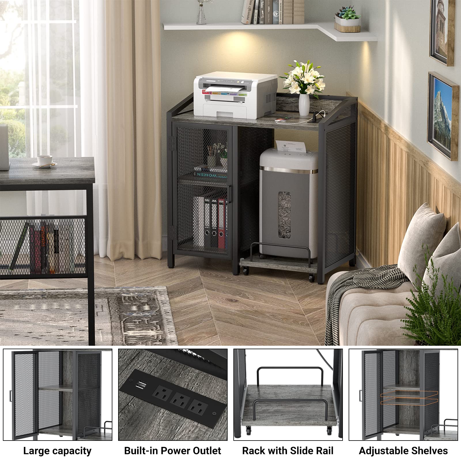 Modern Black Oak Office File Cabinet with Power Outlet & Door - Large Printer Stand, Paper Shredder Rack & Storage Cabinet for Home Office | Perfect for Document Organization & Workspace Efficiency