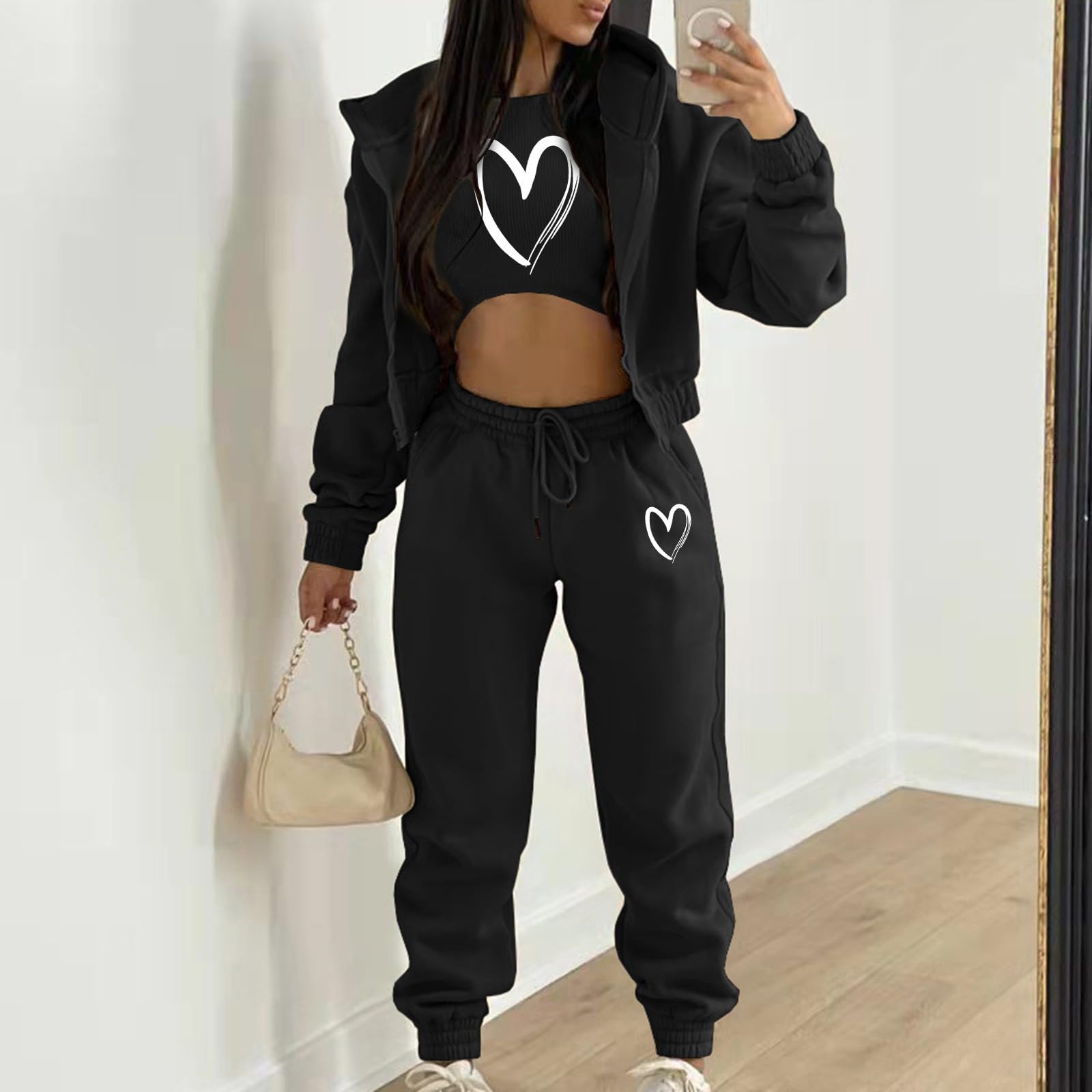 Women's 3-Piece Travel Outfits Set - Zip Hoodie, Crop Top & Jogger Sweatpants Tracksuit for Lounge & Airplane Comfort