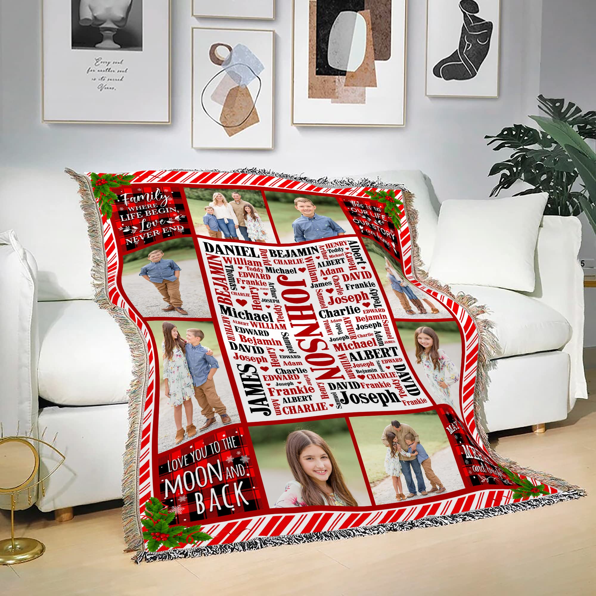 Custom Photo Blanket with Names - Personalized Family Blanket for Wedding, Anniversary, Christmas & Thanksgiving - 50x60 Inch Woven Throw Blanket for Home Decor, Gifts & Special Occasions