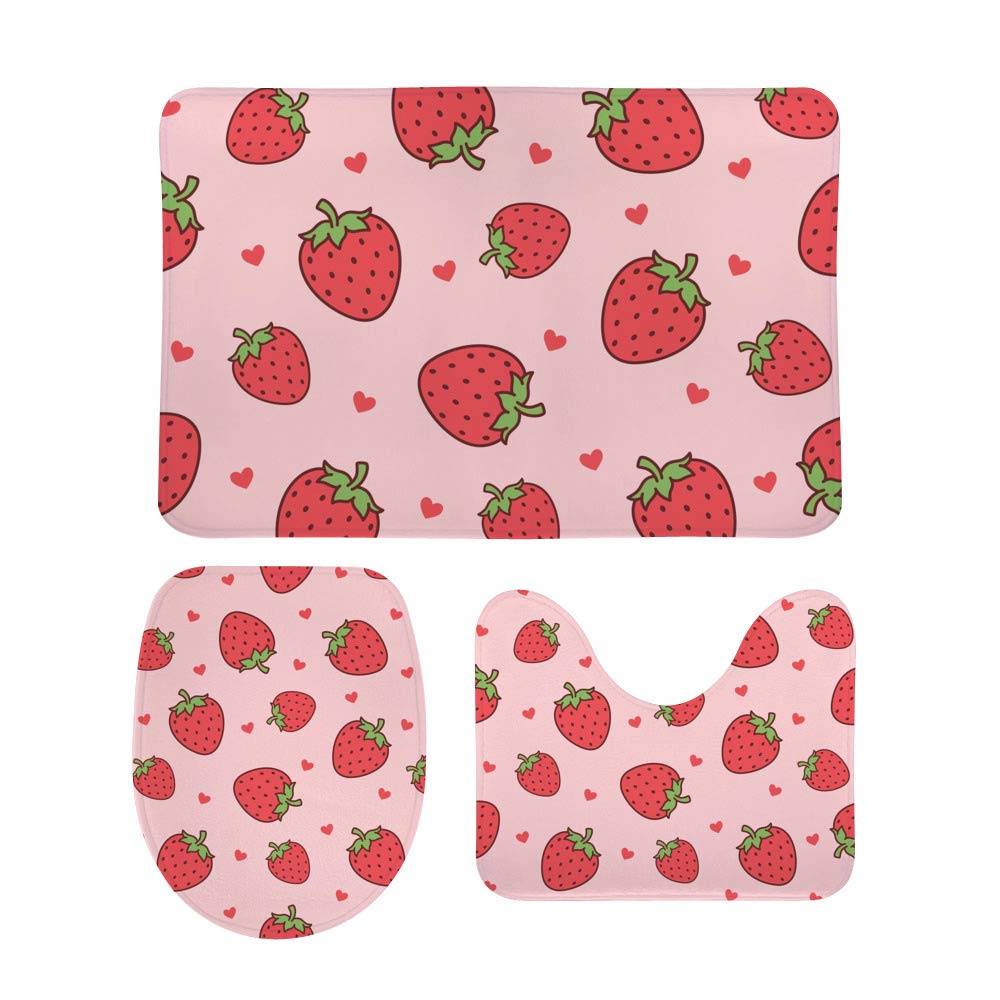QAZPL 3-Piece Bathroom Rug Set - Non-Slip Strawberry Pink U-Shaped Contour Mats with Toilet Seat Cover | Soft Washable Bath Mats for Bathtub & Shower Area | Perfect for Bathroom Decor & Safety