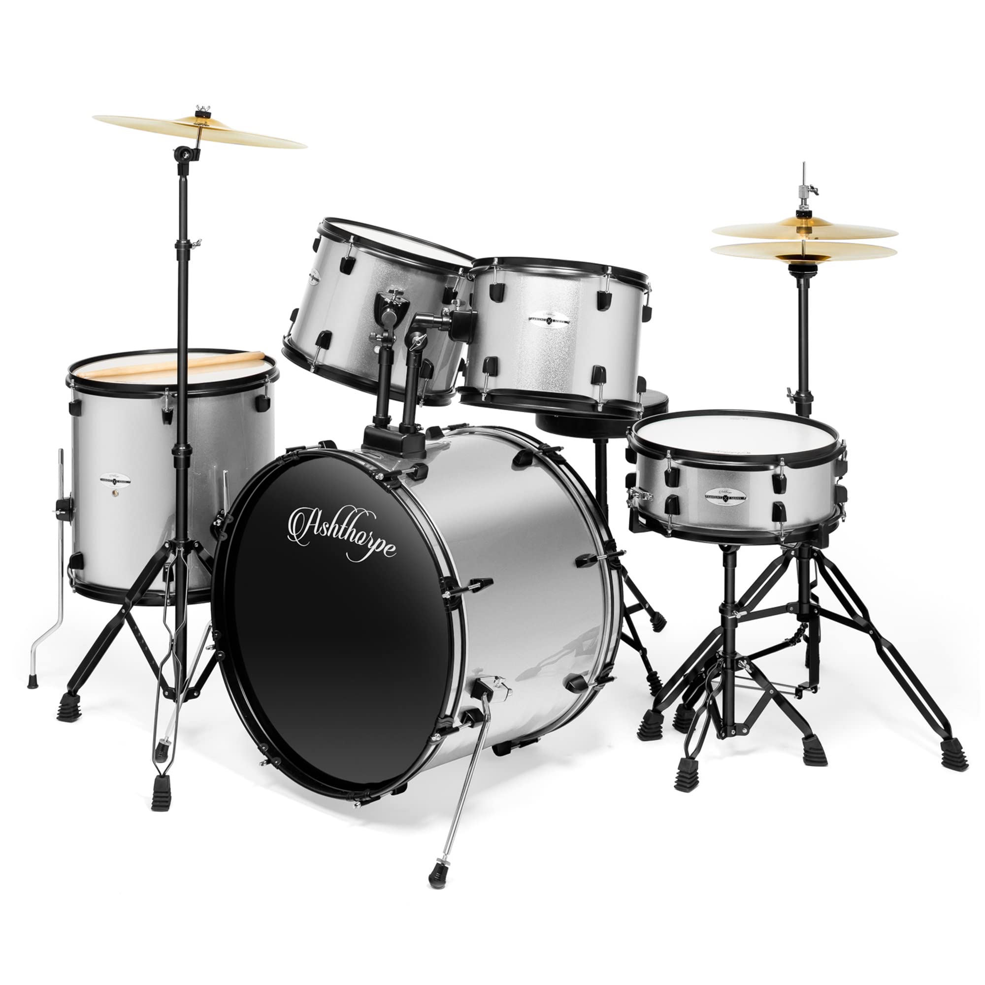 Ashthorpe 5-Piece Full Size Adult Drum Set with Remo Batter Heads - Silver | Professional Drum Kit for Beginners & Intermediate Players | Perfect for Home Practice, Studio Recording & Live Performances