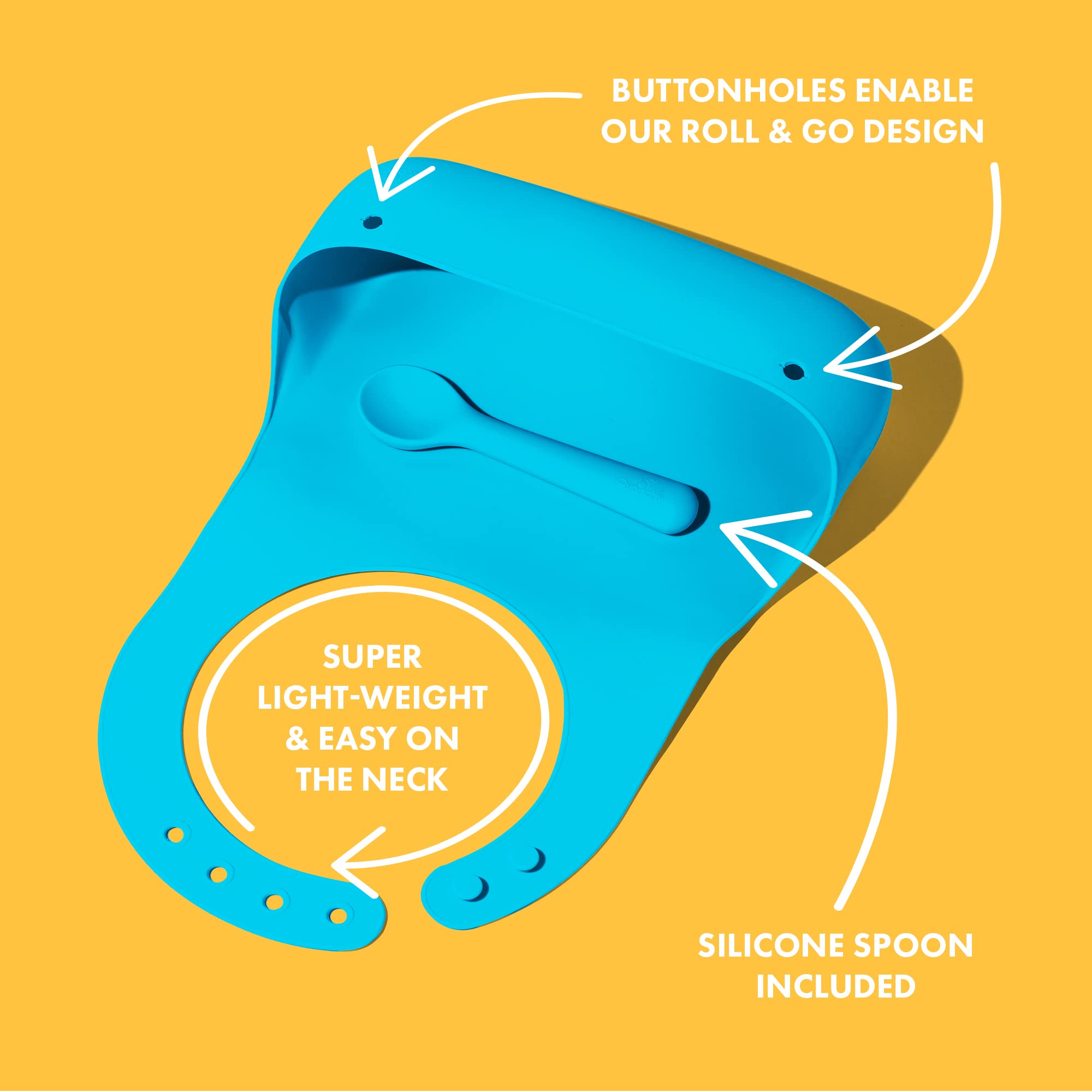 Avanchy Roll & Go Silicone Baby Bib with Spoon - BPA Free, Dishwasher Safe, Soft & Durable for Mess-Free Feeding - Perfect for Travel, Home & Restaurants