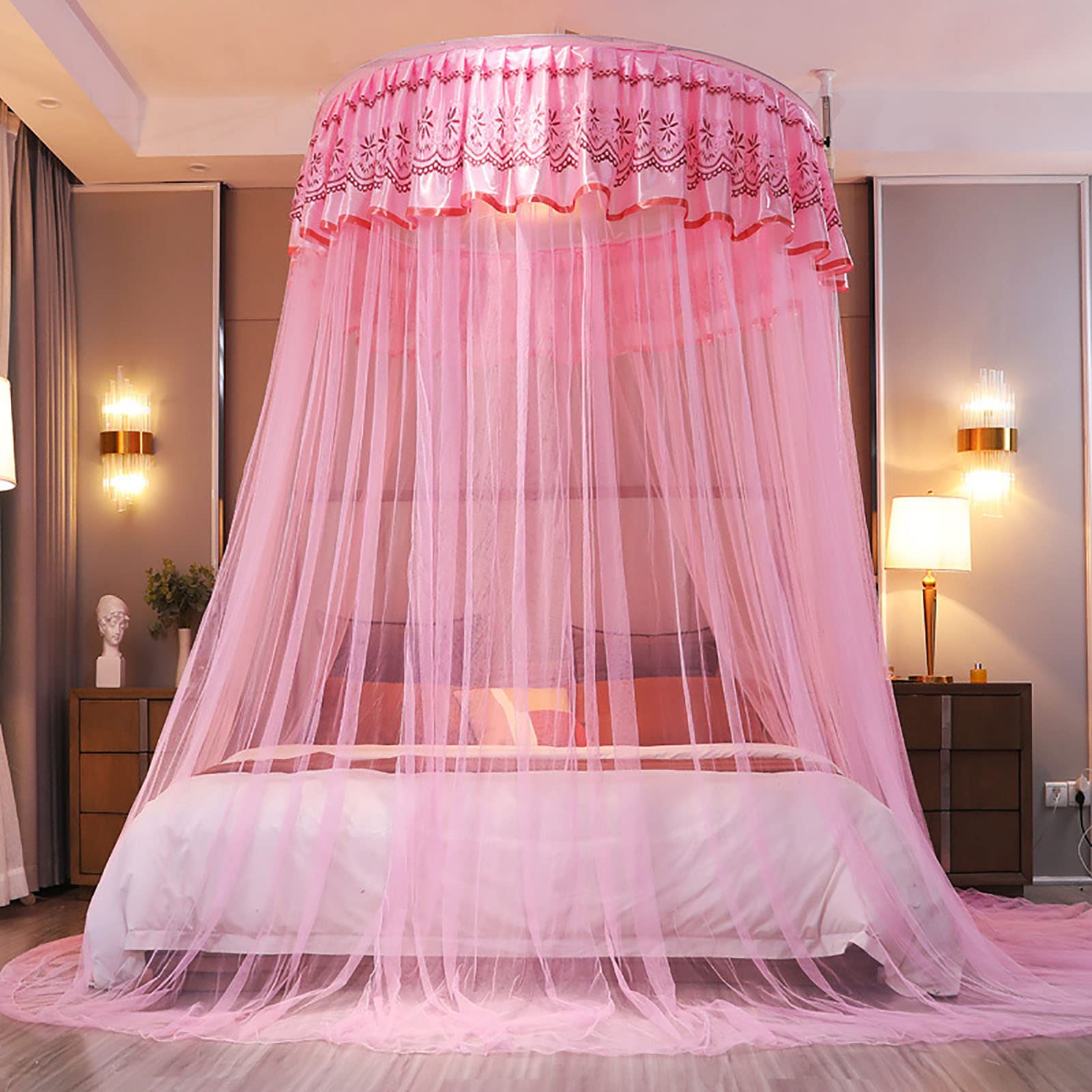 Princess Canopy Bed Curtains with Lace Trim - Round Dome Play Tent for Girls Room Decor, Mosquito Net in Blue & Pink | Perfect for Bedroom Decorations, Kids Playhouse & Sleepover Parties