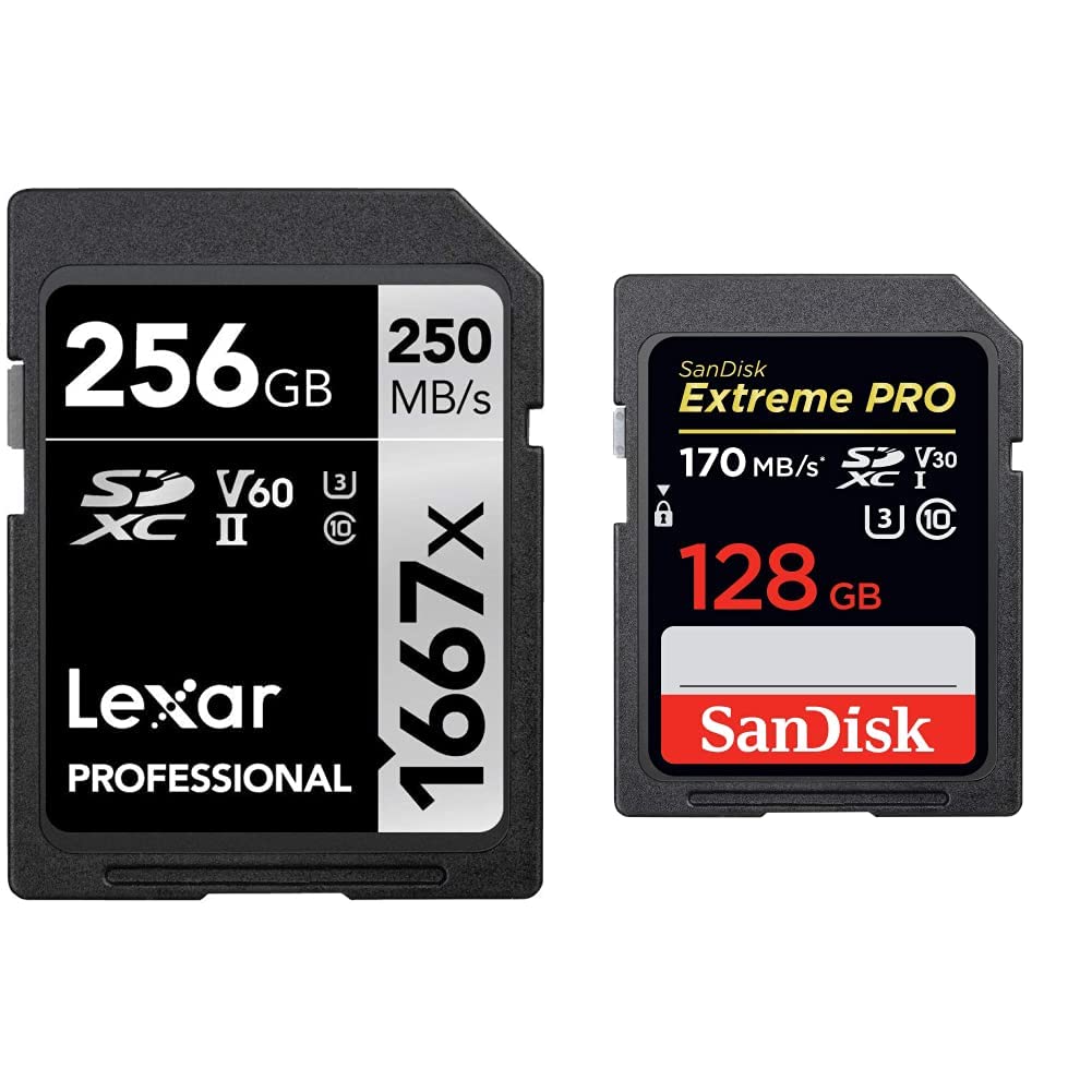 Lexar Professional 1667x 256GB SDXC UHS-II Memory Card & SanDisk 128GB Extreme PRO SDXC UHS-I Card - C10, U3, V30, 4K UHD, High-Speed Performance for DSLR Cameras, Drones, and Action Cameras - Perfect for Photography, Videography, and Professional Content Creation
