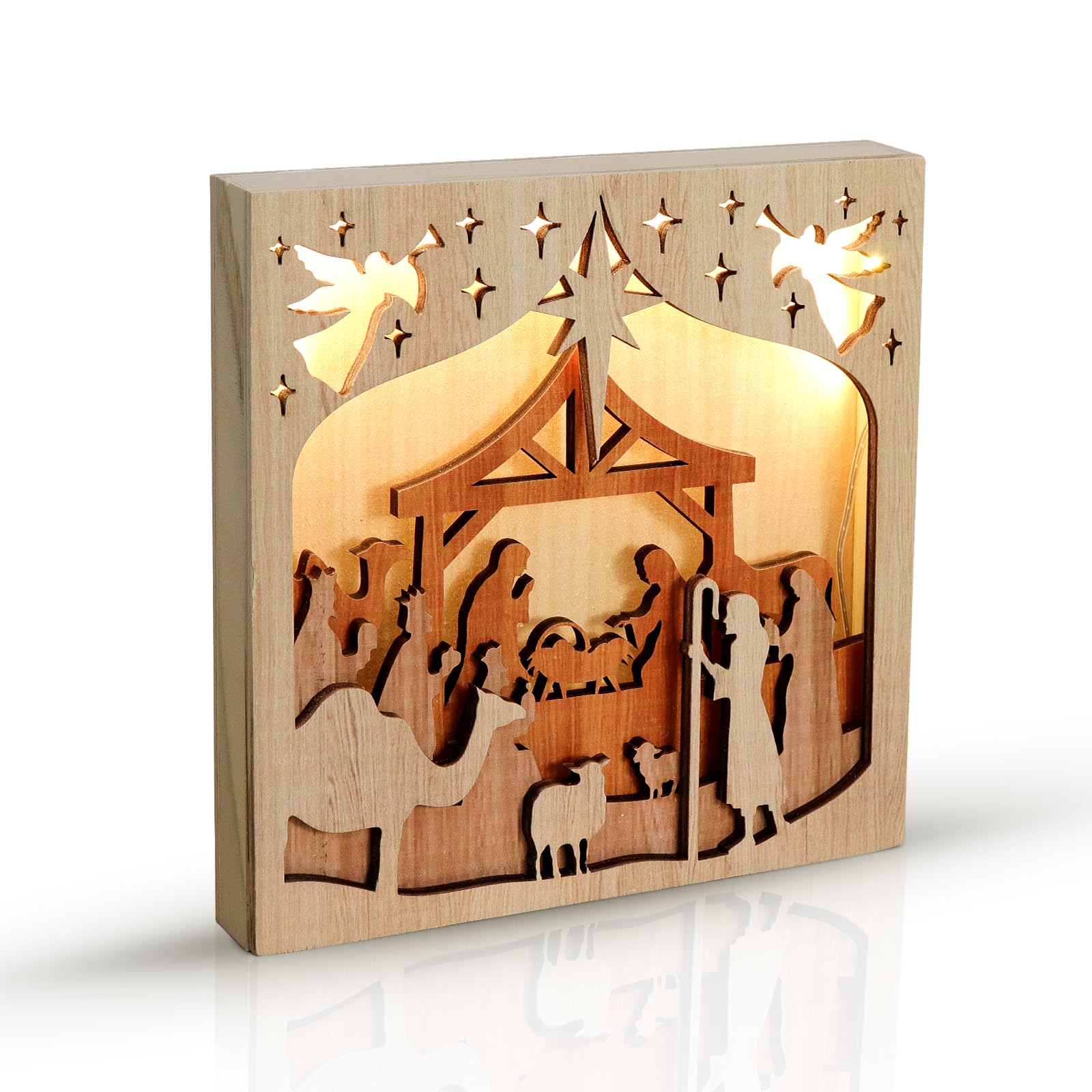 Wooden Nativity Set with LED String Lights - Christmas Home Decor for Indoor Table, Shelf, and Mantel Display | Nativity Scene for Holiday Decorations & Festive Celebrations