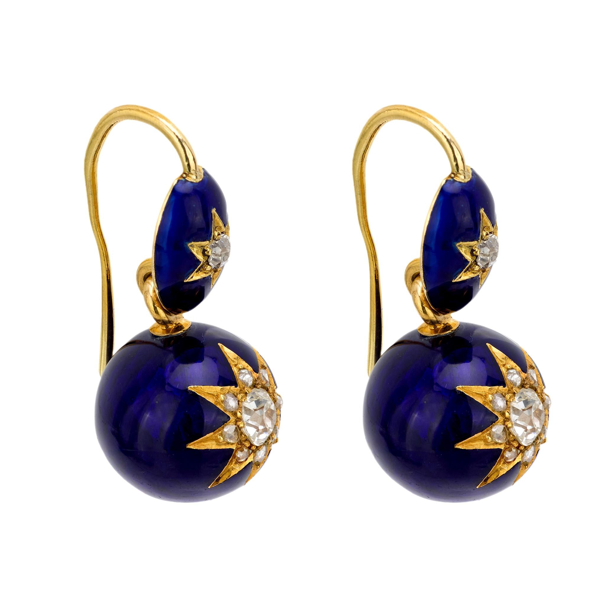 14K Victorian Diamond & Enamel Star Earrings - 2 Carat TW, Elegant Vintage Jewelry for Weddings, Parties & Special Occasions