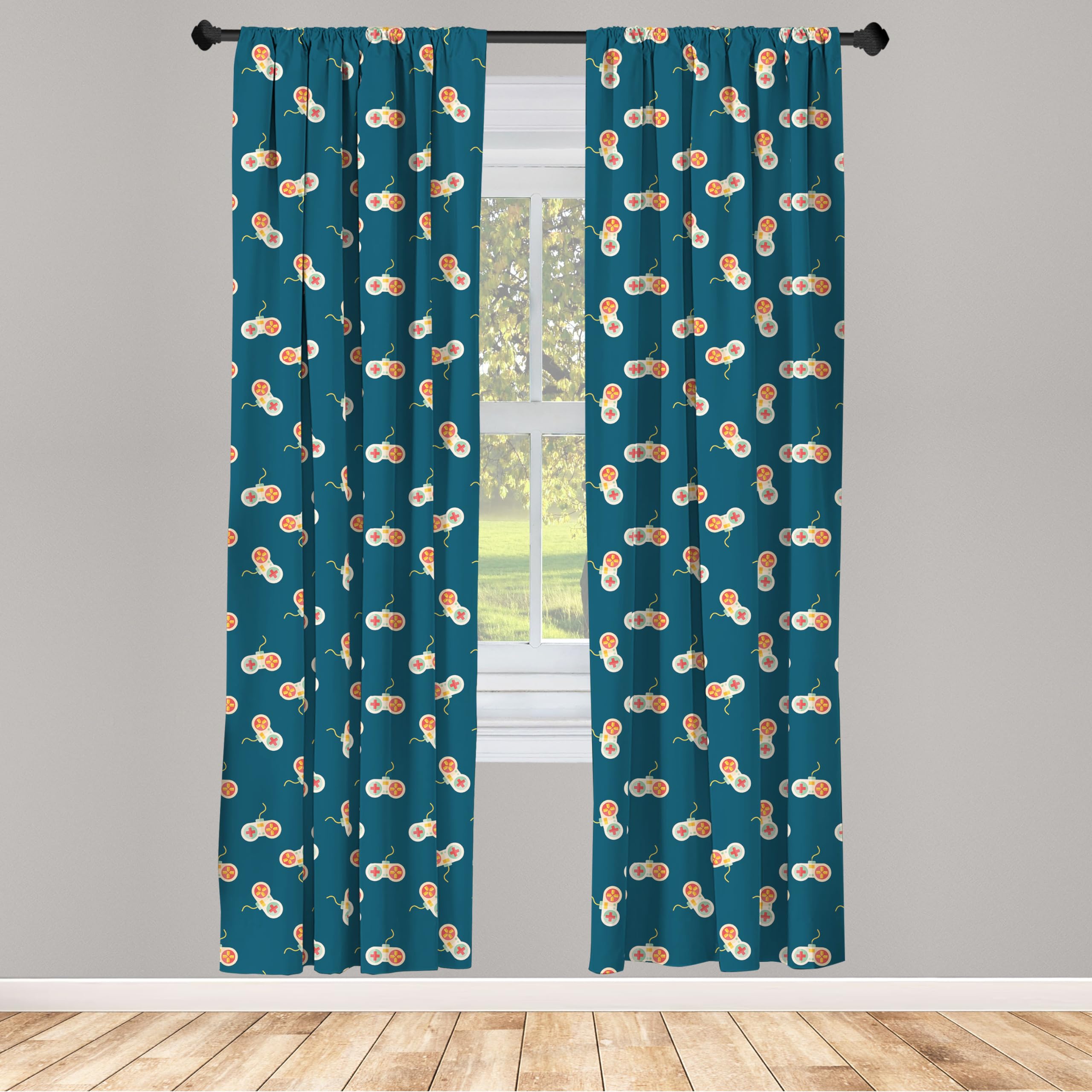 Ambesonne Gaming Window Curtains - Retro Video Game Console Design | Lightweight Blackout Curtains for Bedroom & Game Room | 2-Panel Set with Rod Pocket (28x63 inches, Petrol Blue) - Perfect for Gamers & Retro Decor Enthusiasts