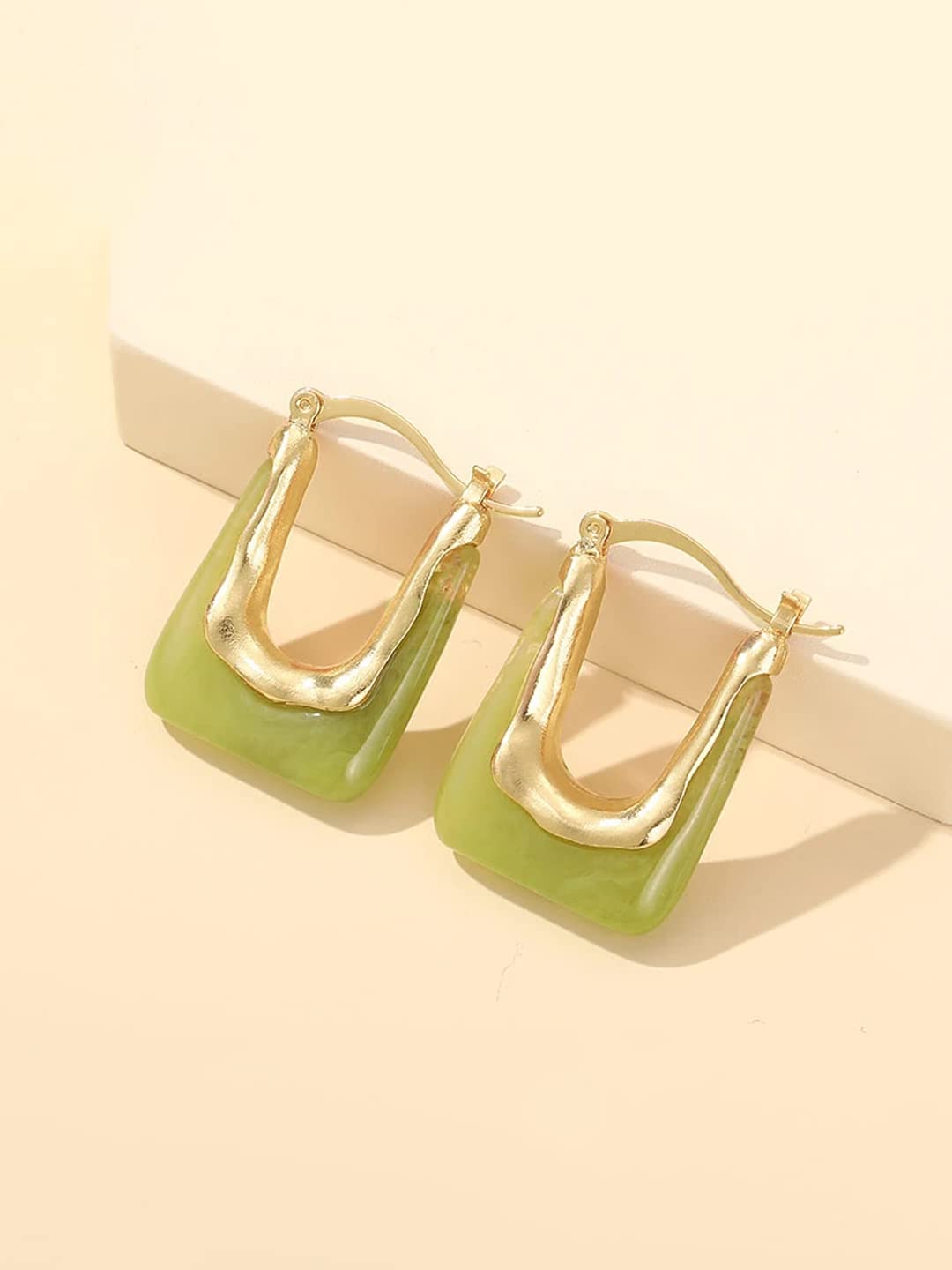 Fashionable Yellow and Green Hoop Earrings for Women - Gold Plated Geometric Bali Hinged Tube Hoops | Trendy Statement Jewelry for Girls & Women | Perfect Birthday, Anniversary Gift for Wife, Girlfriend, Mom | Great for Parties, Date Nights, Office Wear