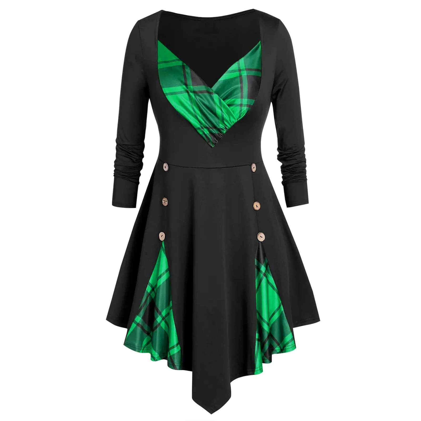 Gothic Dress for Women - Long Sleeve Renaissance Medieval Plaid Patchwork Midi Dress | Vintage Halloween Costume & Cosplay Outfit | Perfect for Renaissance Fairs, LARP Events, and Gothic Fashion