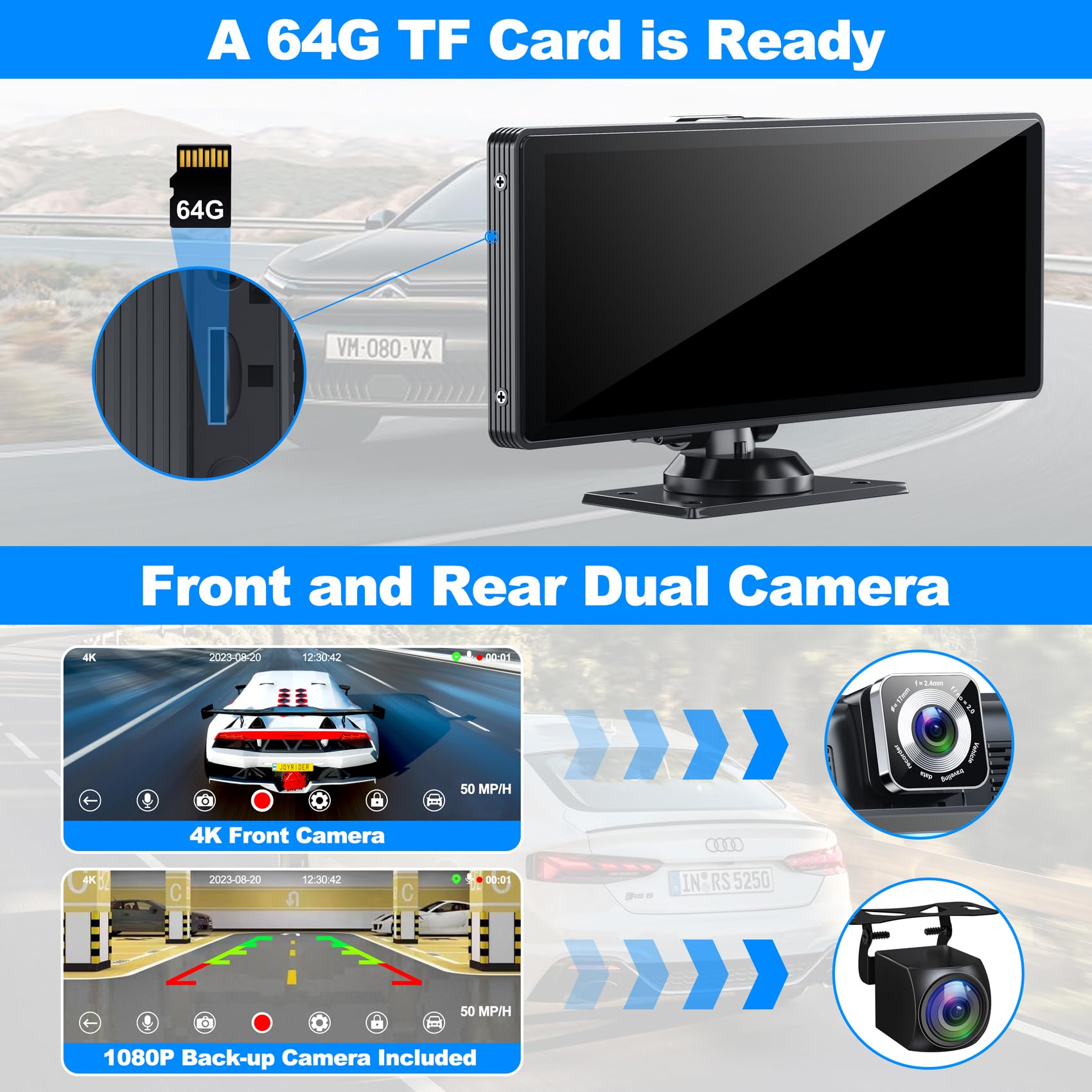 10.26 Inch Wireless CarPlay Screen for Car - Portable Car Stereo with 4K Dash Cam & Rear Camera Support, Android Auto/AirPlay/Bluetooth/Voice Control/GPS/AUX - IPS Touchscreen with 64GB TF Card - Perfect for Road Trips & Daily Commuting