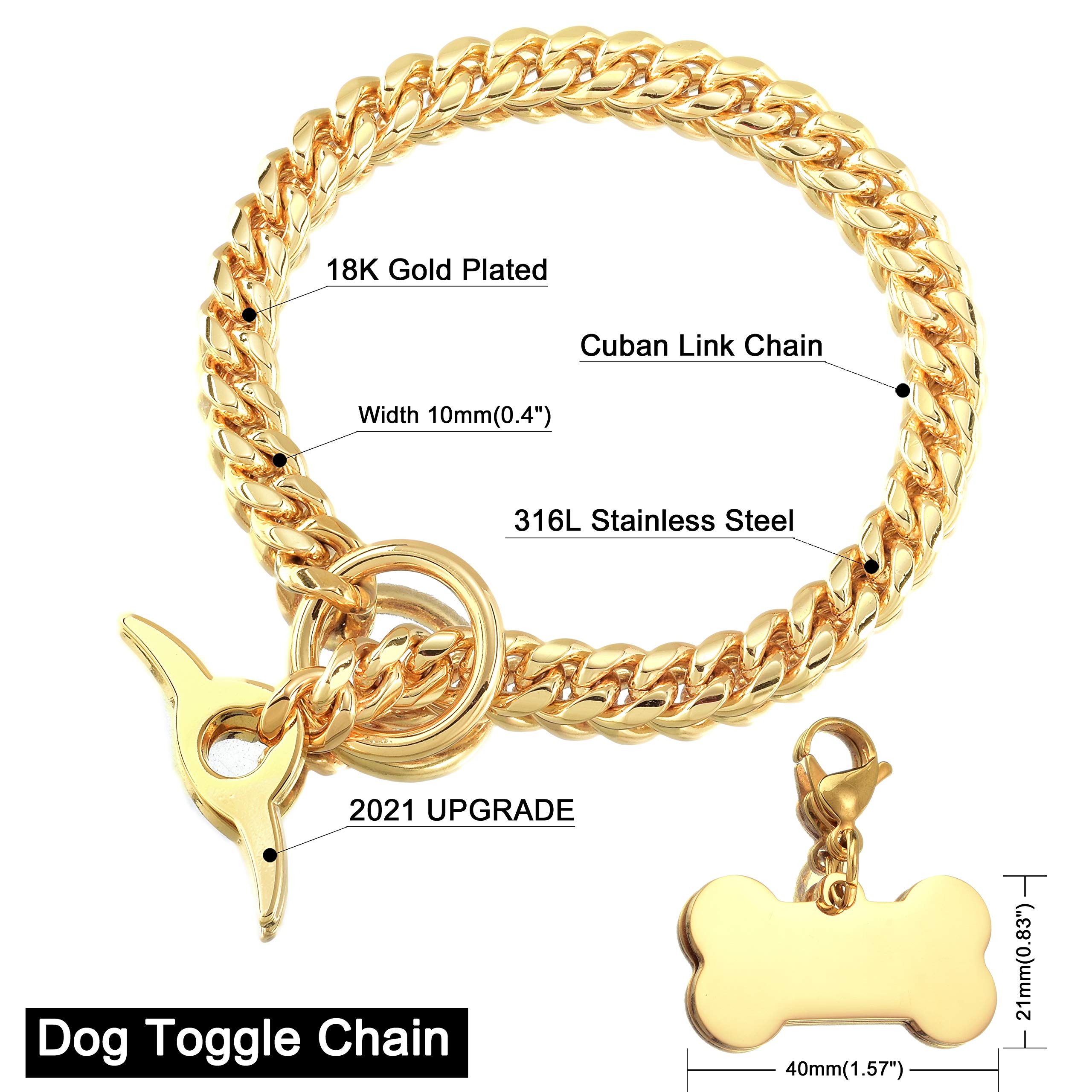 18K Gold Plated Cuban Link Dog Chain Collar - 10MM Heavy Duty Chew Proof Adjustable Training Collar with Toggle Clasp & Dog Tag for Medium Dogs (24 Inch) - Perfect for Walking, Training & Everyday Use