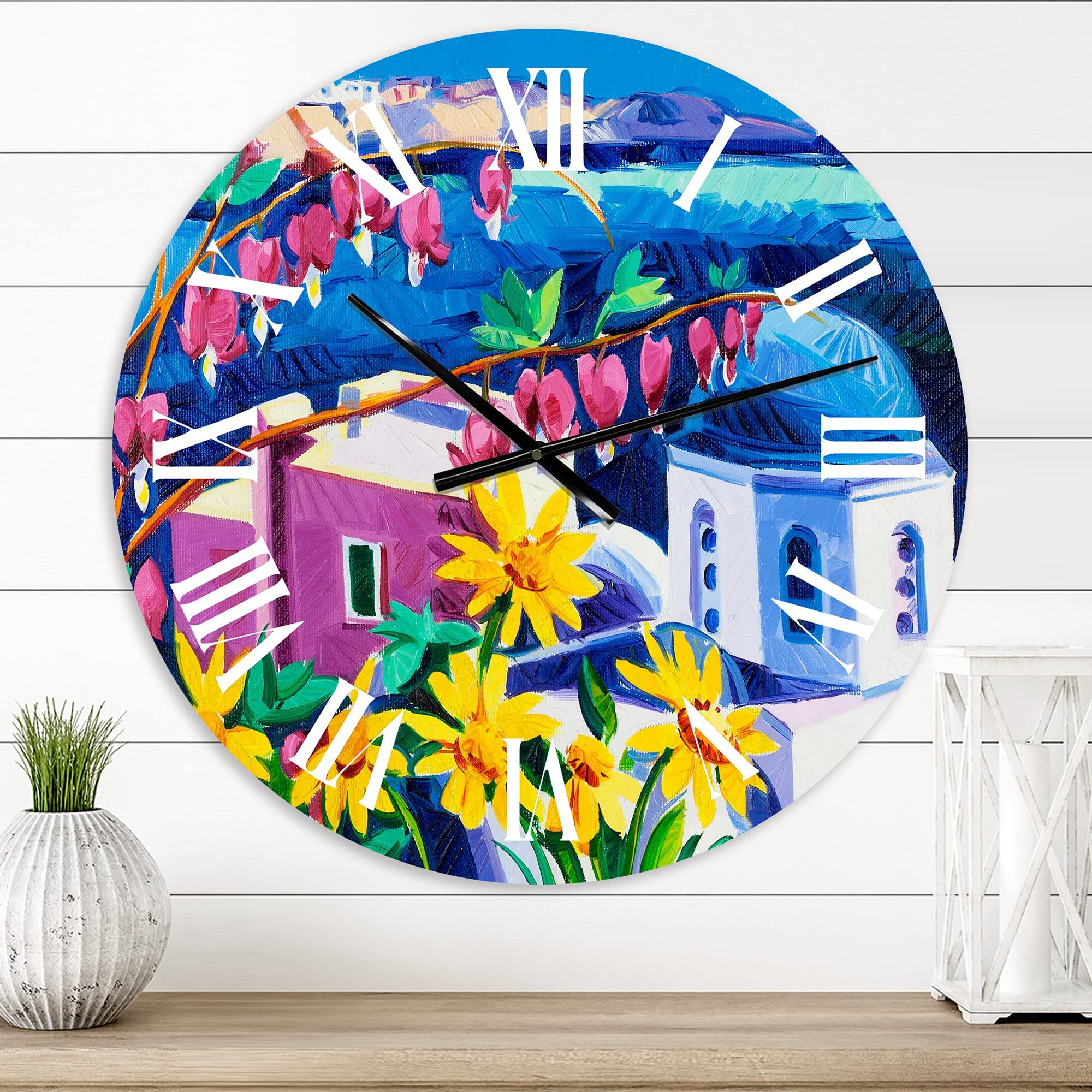 DesignQ Nautical Coastal Wall Clock - Colorful Traditional Santorini Churches Yellow Round Clock for Home & Office Decor | Perfect for Beach House, Living Room, Kitchen Decor