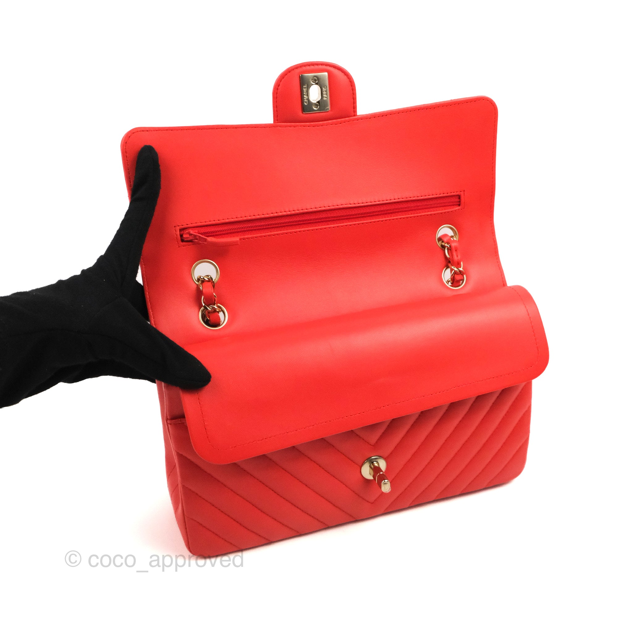 Chanel Classic Medium Flap Bag - Chevron Red Lambskin Leather with Gold Hardware | Luxury Designer Handbag for Women | Perfect for Date Night, Parties & Special Occasions