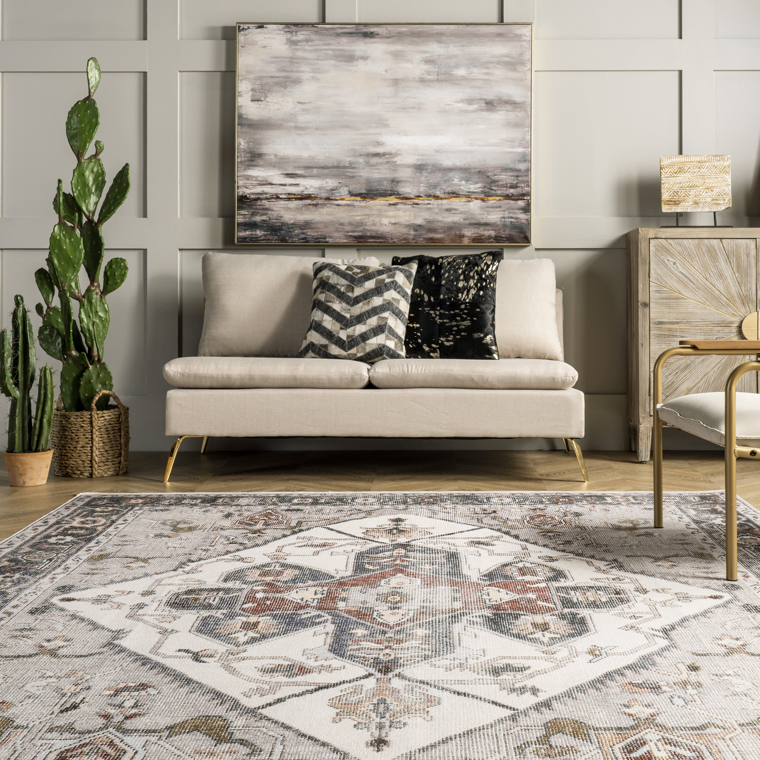 Crystalline Medallion Washable Rug - Soft & Durable Beige Area Rug for Living Room, Bedroom, or Office | Easy to Clean & Stain Resistant
