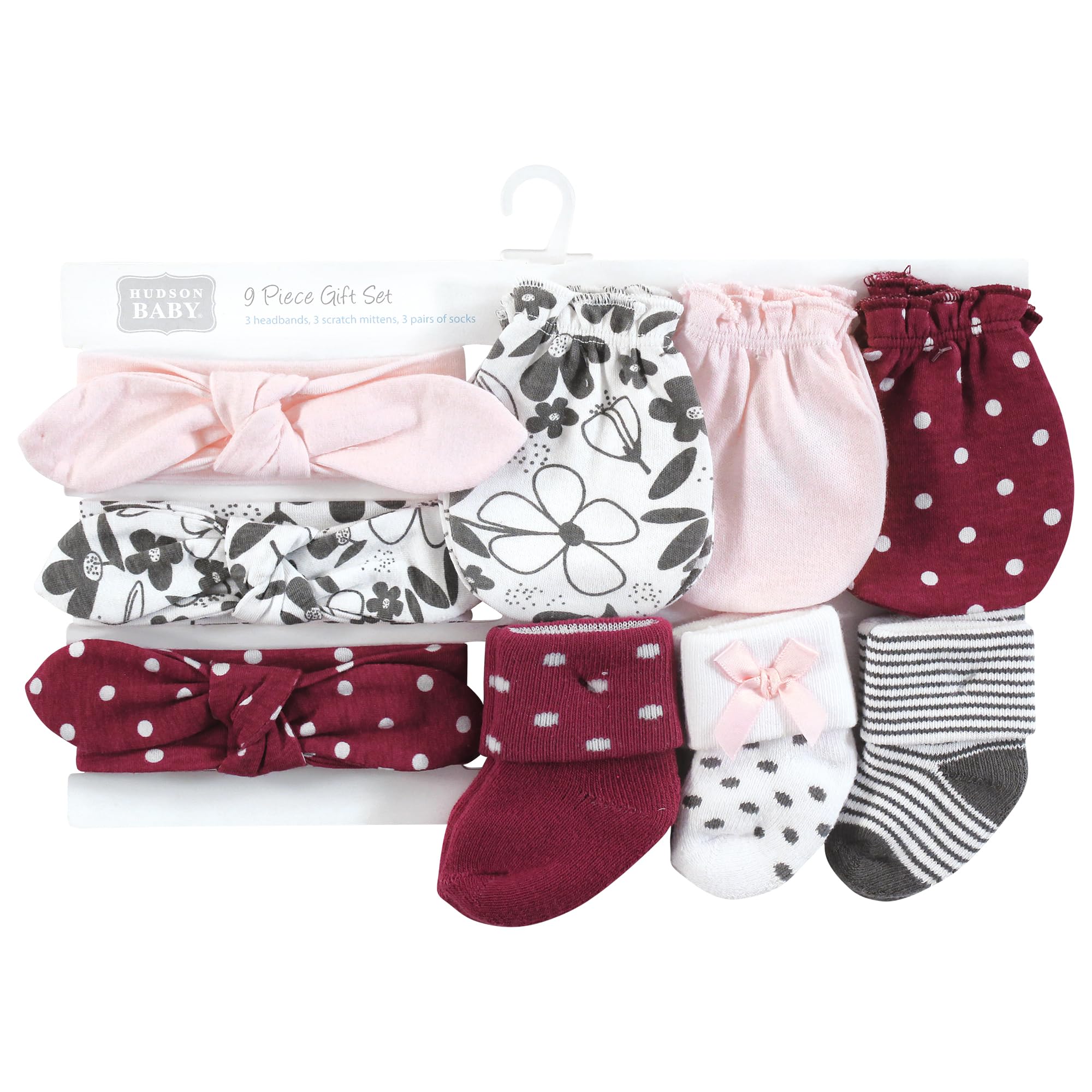 Hudson Baby Unisex Newborn Caps Mittens & Socks Set - Retro Floral Design for 0-6 Months | Soft Cotton Baby Accessories for Winter, Photo Shoots & Gift Giving