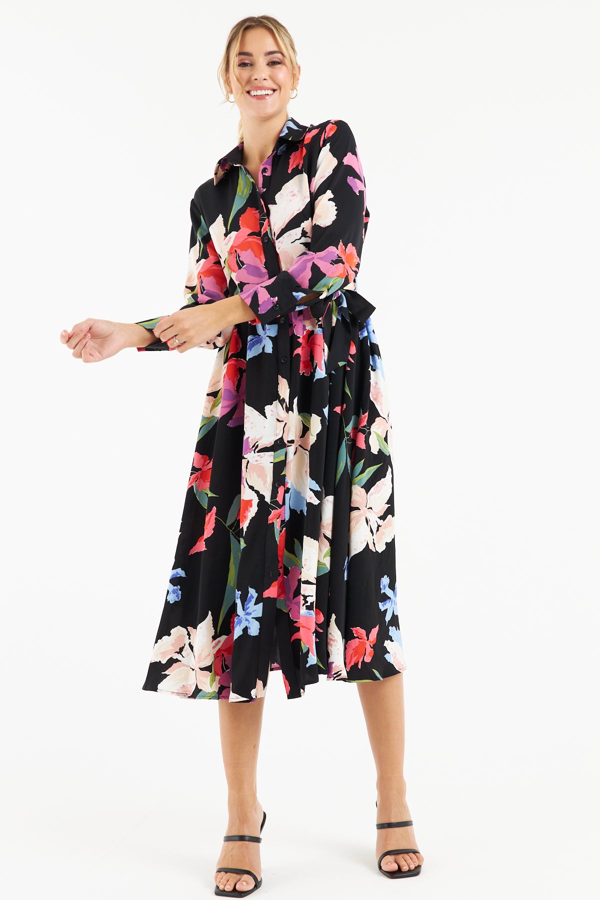 Stylish Kitty Floral Print Black Shirt Dress for Women - Perfect for Casual Outings, Office Wear & Spring Fashion