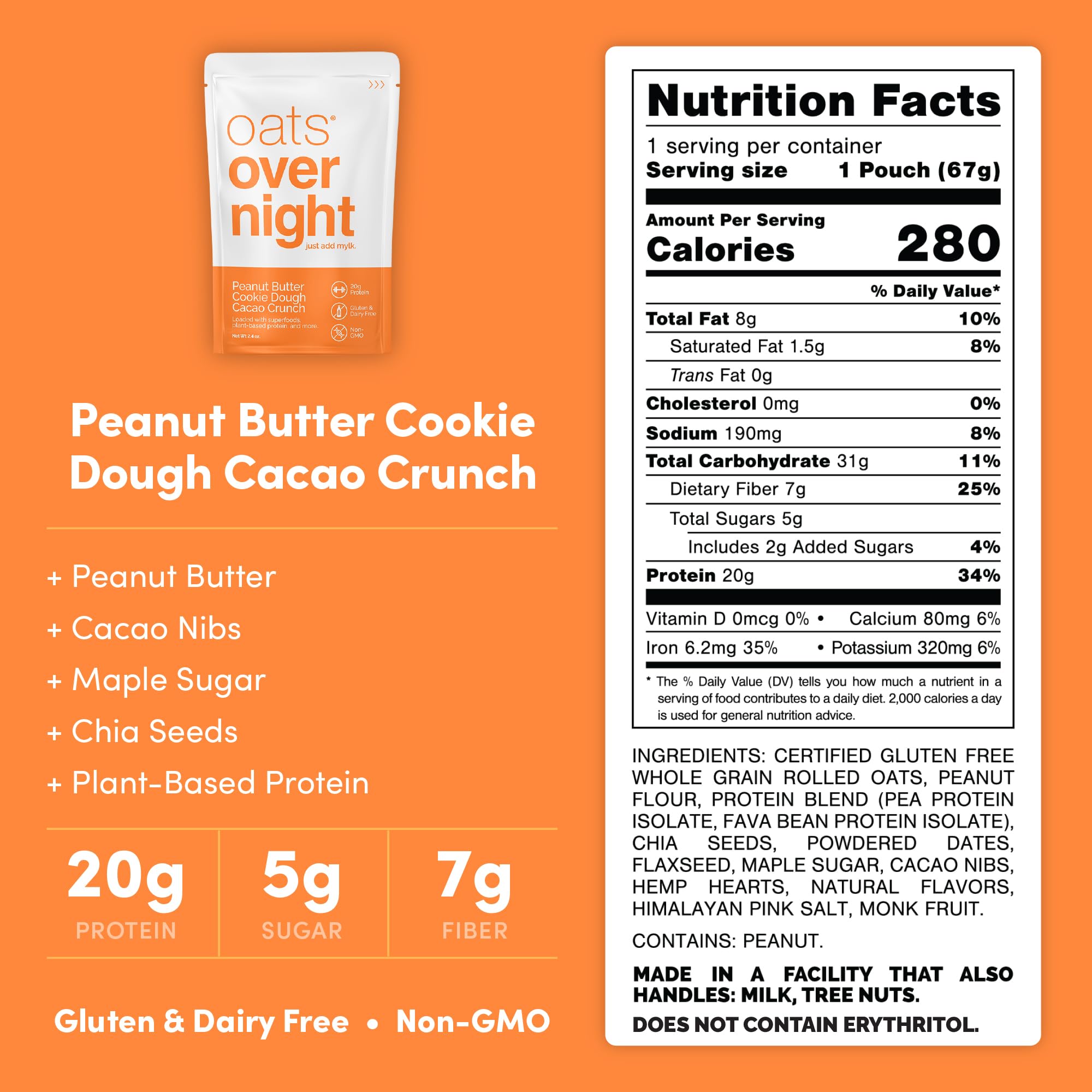 Oats Overnight Peanut Butter Cookie Dough Cacao Crunch - Vegan Protein Shake with 20g Plant-Based Protein | High Fiber, Gluten Free, Dairy Free Oatmeal Breakfast (2.4oz/Meal, 24 Pack) - Perfect for Quick Breakfast, Post-Workout Recovery & On-the-Go Nutrition