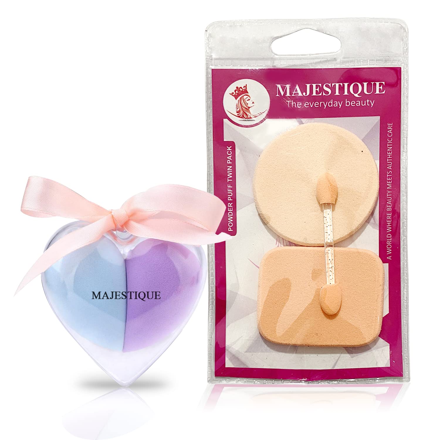 Majestique Heart Shaped Beauty Blender & 2-Piece Powder Puff Set with Makeup Stick - for Liquid, Cream & Powder Foundation - Soft Makeup Sponges for Flawless Blending (Color May Vary) - Perfect for Everyday Makeup Application & Professional Makeup Looks