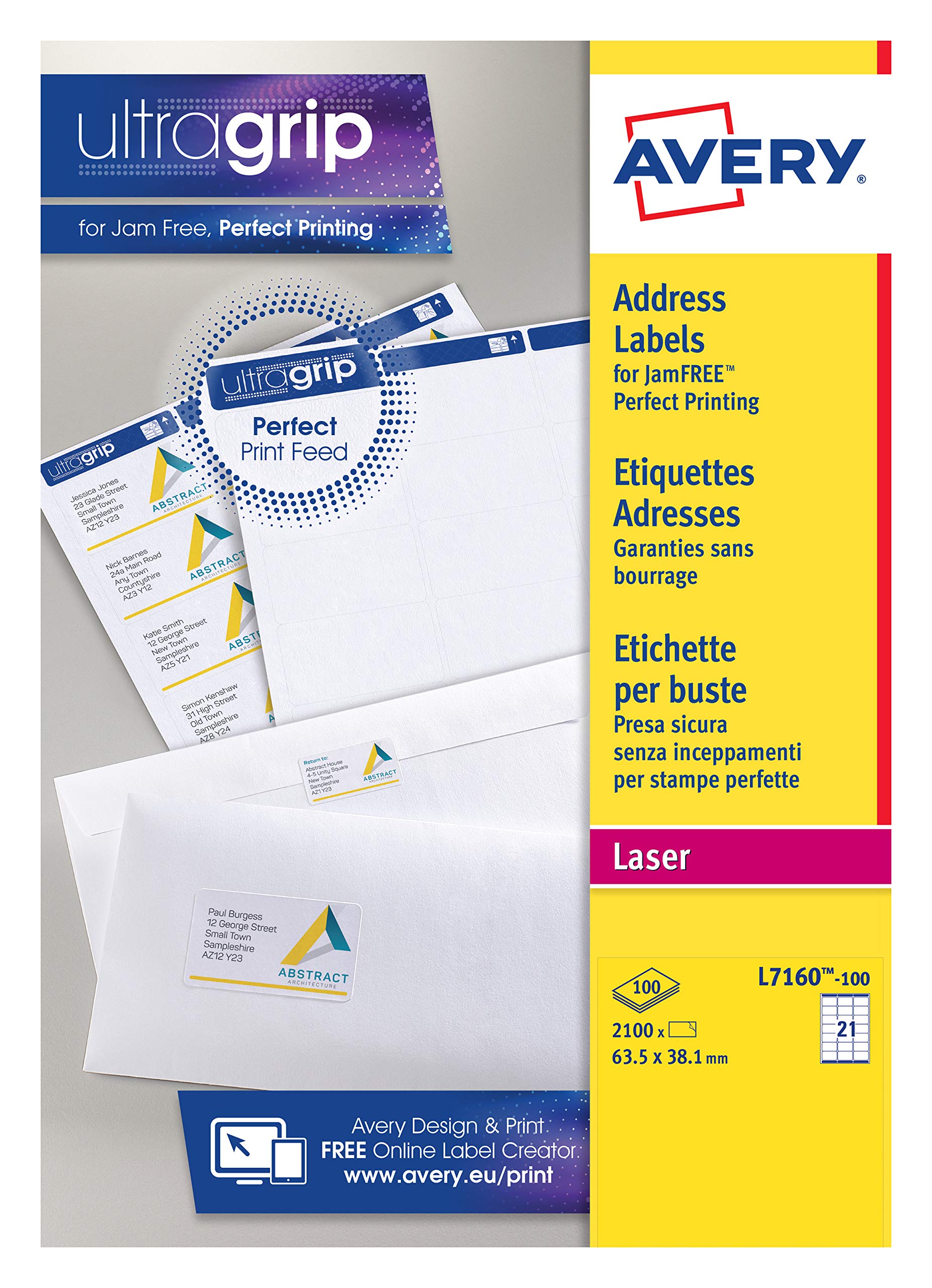 Avery Self Adhesive Address Mailing Labels for Laser Printers - 21 Labels Per A4 Sheet, 2100 Labels Total, UltraGrip Technology (L7160), White - Perfect for Amazon FBA Barcode Labels, Shipping & Office Organization
