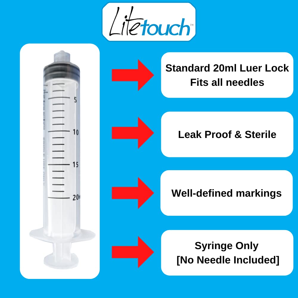 20mL Sterile Luer Lock Syringe - Individually Sealed, 50 Count Box (No Needle Included) | Ideal for Medical, Veterinary, and Scientific Applications