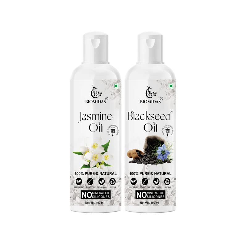 Biomidas 100% Pure Jasmine Oil & Black Seed Oil Combo (100ML Each) - Promotes Fast Hair Growth, Reduces Hair Fall, Repairs Split Ends for Soft & Shiny Hair - Perfect for Daily Hair Care & Scalp Massage (Pack of 2)