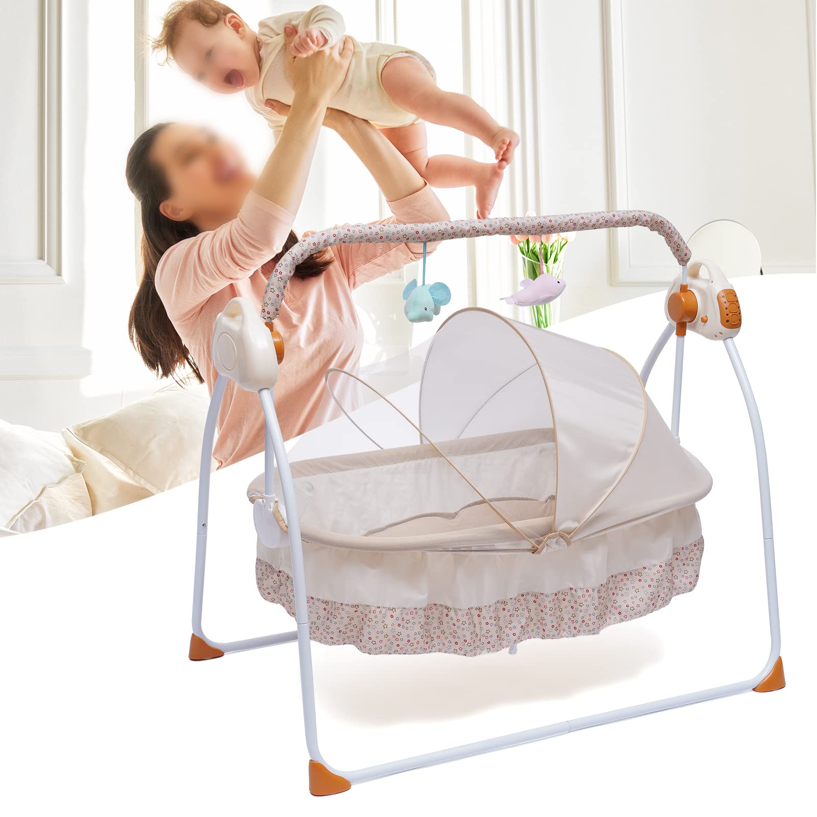 Portable Electric Baby Swing Rocker with Remote Control, 5 Adjustable Speeds, Timer & Music - Foldable Infant to Toddler Rocking Chair (Khaki Lux) - Perfect for Nursery, Daycare & Travel
