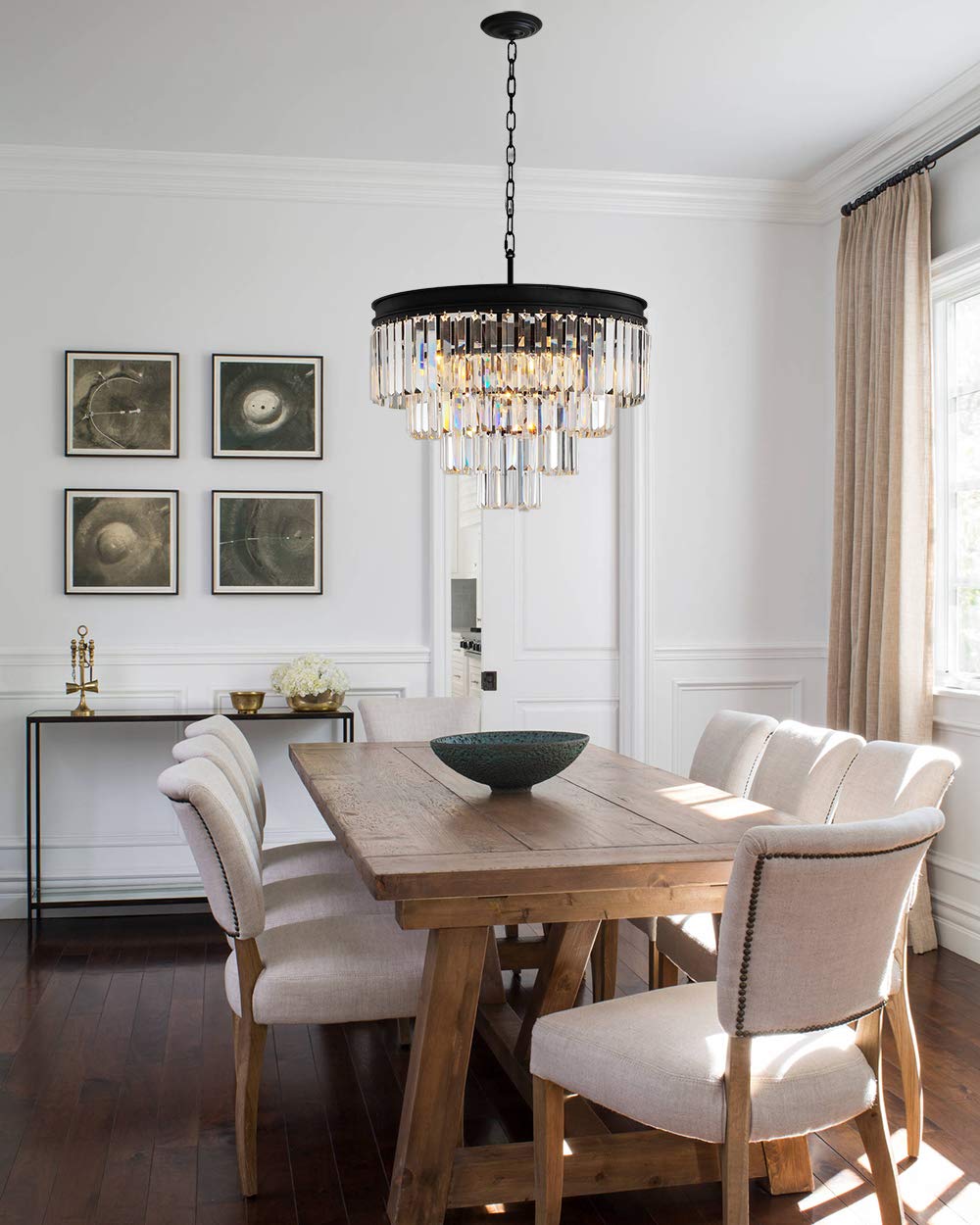 Modern Crystal Chandelier Lighting Fixture - Round Raindrop Fringe Pendant Ceiling Light for Dining Room, Living Room & Entryway | Elegant Home Decor for Weddings, Restaurants & Luxury Spaces