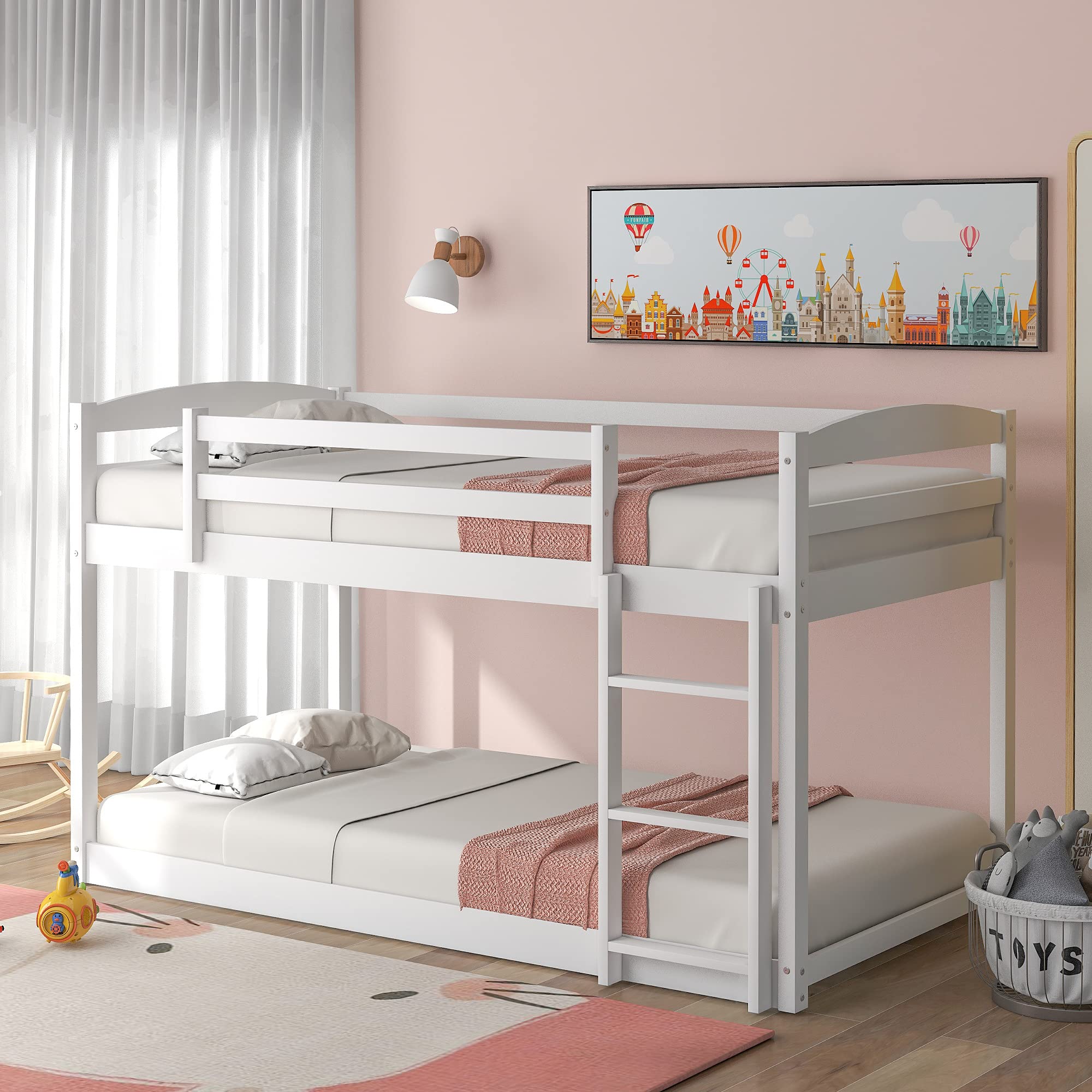Twin Wood Bunk Bed with Ladder for Kids & Toddlers - Low Profile Mini Bunk Bed in White - Perfect for Small Bedrooms, Shared Kids Rooms & Space-Saving Sleep Solutions