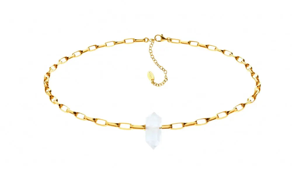 Nayla Jewelry 18K Gold Plated Cable Chain Necklace with Clear Quartz Crystal Pendant - Elegant Choker for Women, Perfect for Weddings, Parties & Everyday Wear