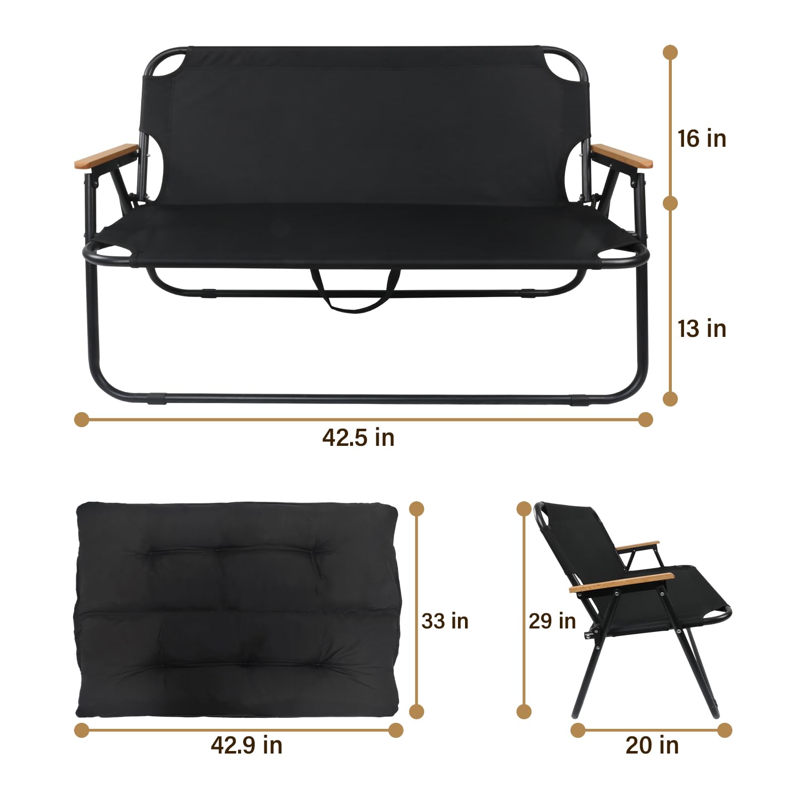 Folding Double Camping Chair with Detachable Cushion & Armrests - Portable Loveseat for Outdoor Activities, Fishing, Travel, Picnics, Beach, Patio & Backyard (Black) - Perfect for Couples & Family Relaxation