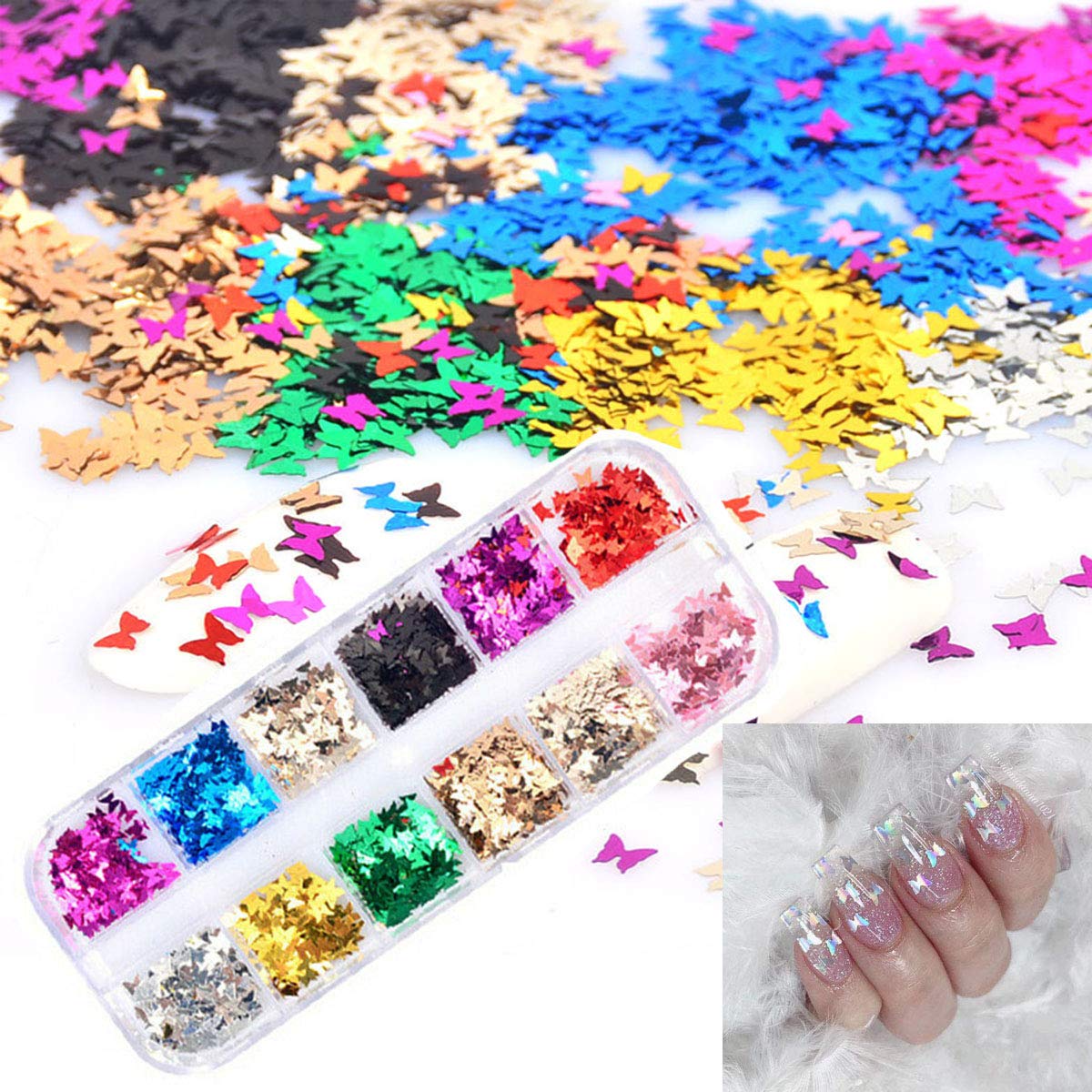 GBSTORE 12-Color Butterfly Glitter Nail Art Sequins Set - 3D Laser Holographic Nail Decorations for DIY Manicure, Nail Art Design, Makeup & Crafting - Perfect for Parties, Weddings, and Special Occasions