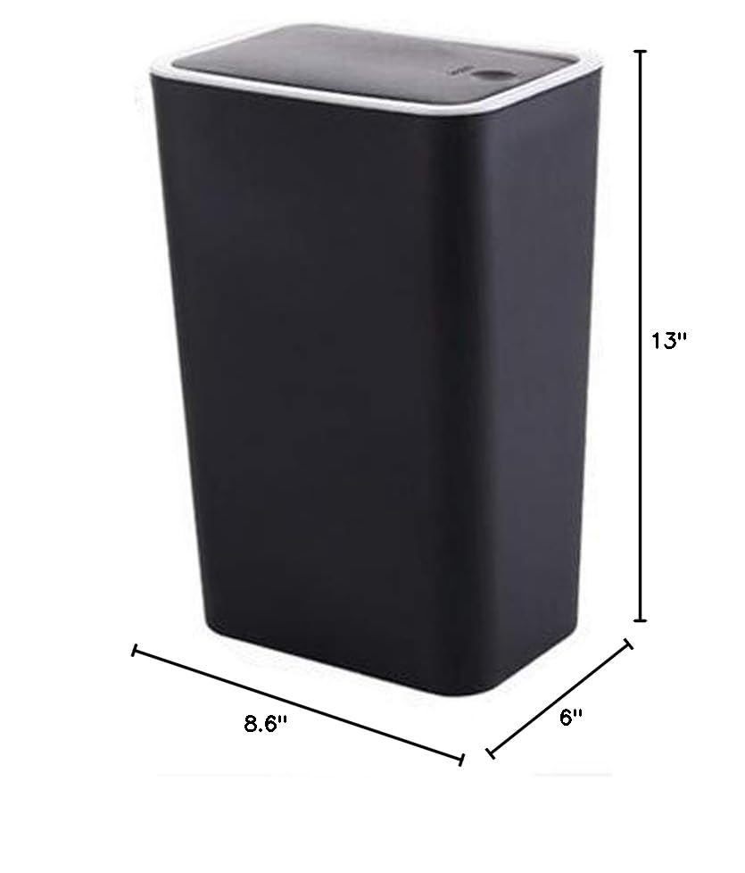Hflove 13L Push-Button Plastic Trash Can - Black Bathroom Waste Bin with Lid | Ideal for Toilet, Office, Kitchen & Home Use