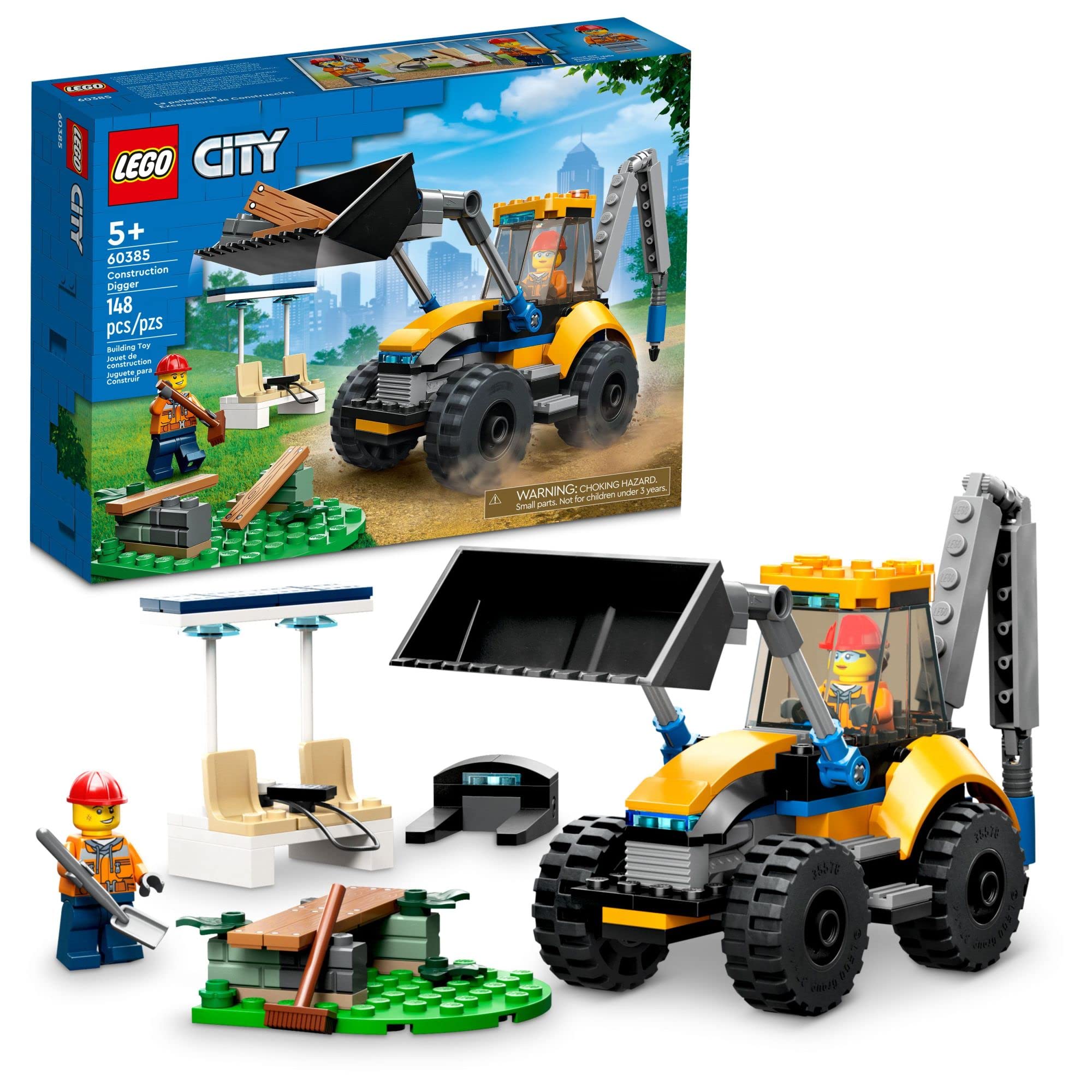 LEGO City Construction Digger 60385 Building Toy Set - Excavator Model with Tools & Minifigures, Creative STEM Vehicle Kit for Kids Ages 5+, Perfect for Birthday Gifts, Construction Role Play & Indoor Building Activities