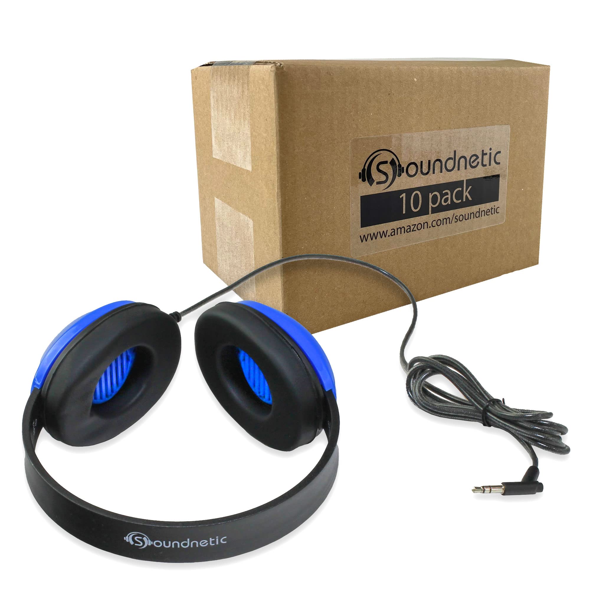 Soundnetic SN410 Over-Ear Kids Headphones with Leatherette Earpads - Blue (Pack of 10) - Noise-Reducing Stereo Classroom Headphones for School, Online Learning & Study