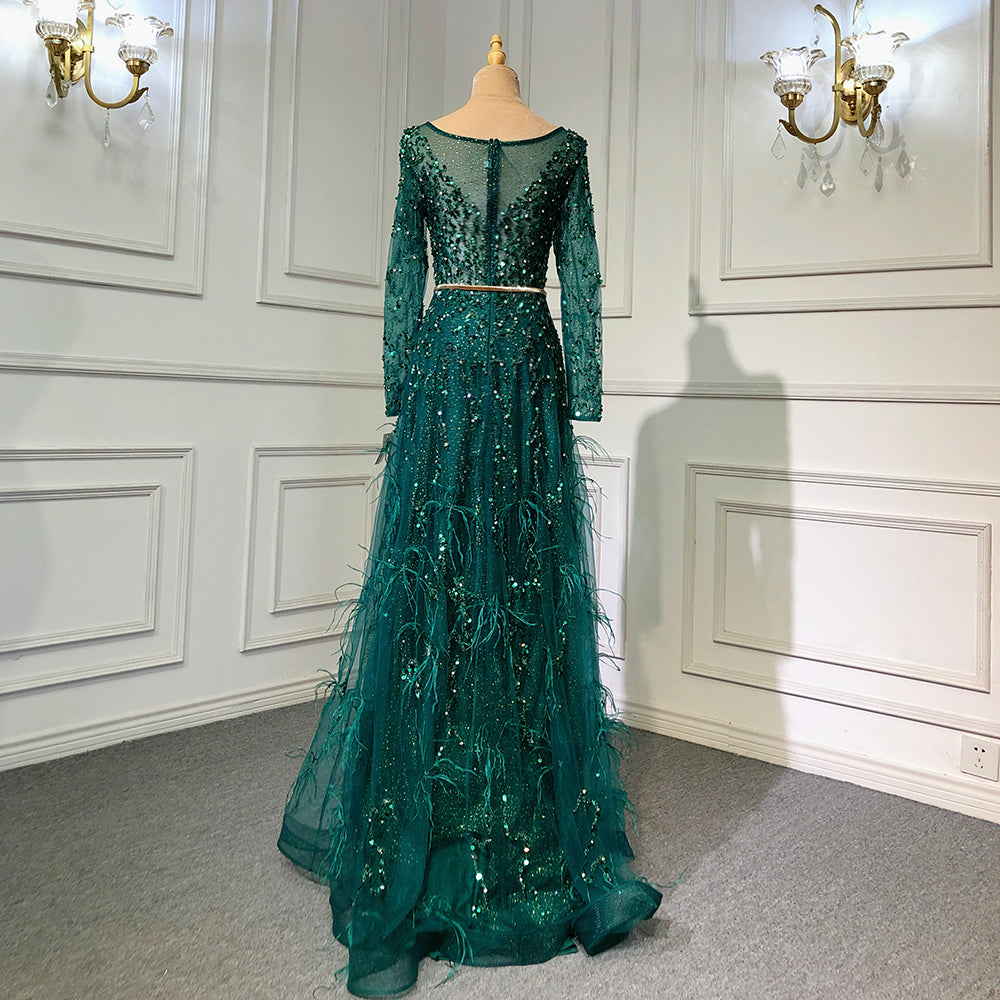 Elegant Grey Mermaid Evening Dress with Long Sleeves & Feather Beading - Luxury Women's Gown for Parties, Prom, Weddings & Formal Events - Serene Hill Collection 2025 LA70968