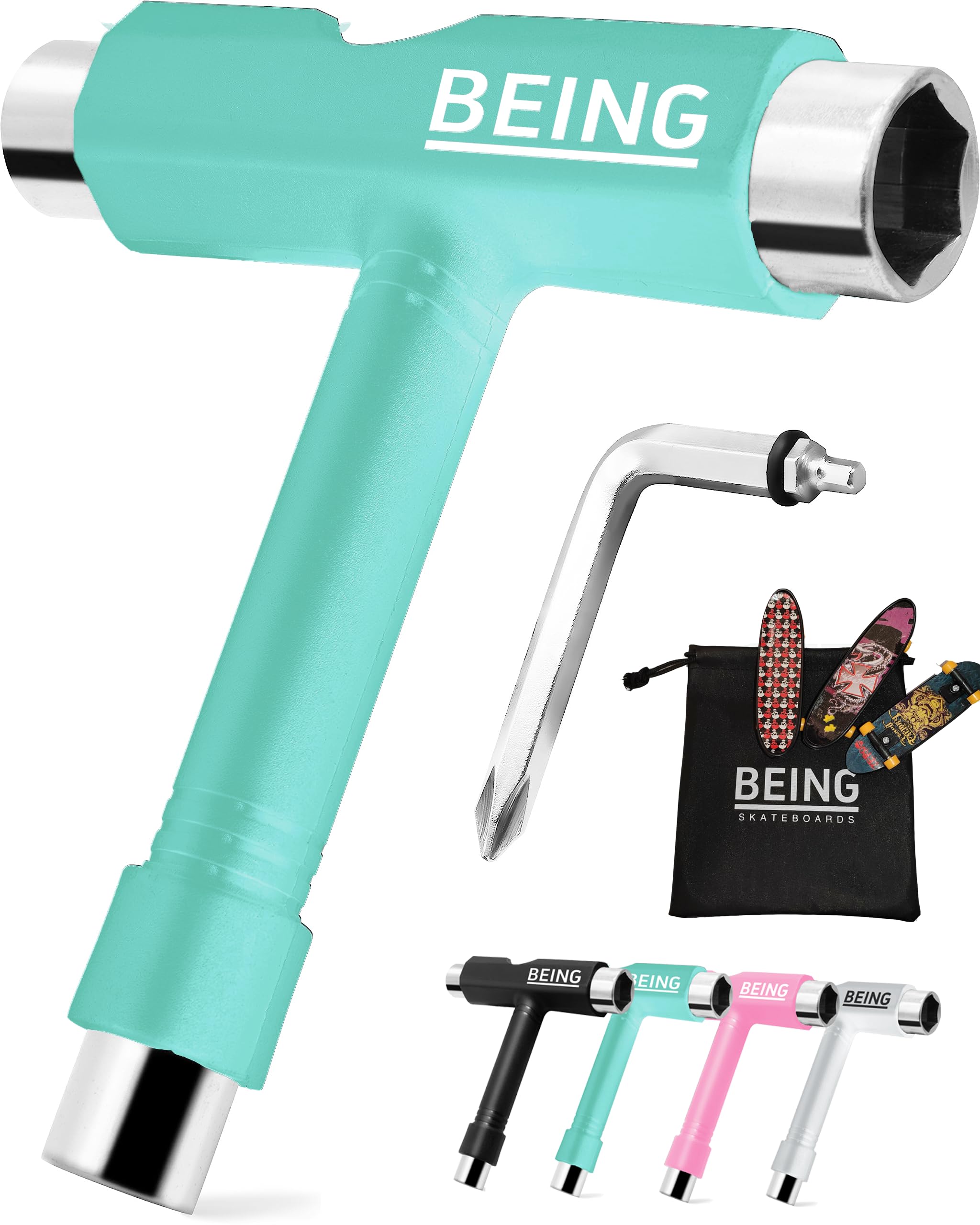 BEING All-in-One Skateboard Tool Kit - Multi-Function T Tool for Skateboards & Roller Skates - Durable Hardware Tools for Skateboard Maintenance & Repair - Perfect for DIY Skateboarders & Roller Skaters (Tiffany Blue) - Ideal for Park Riding, Street Skating & Skateboard Upgrades