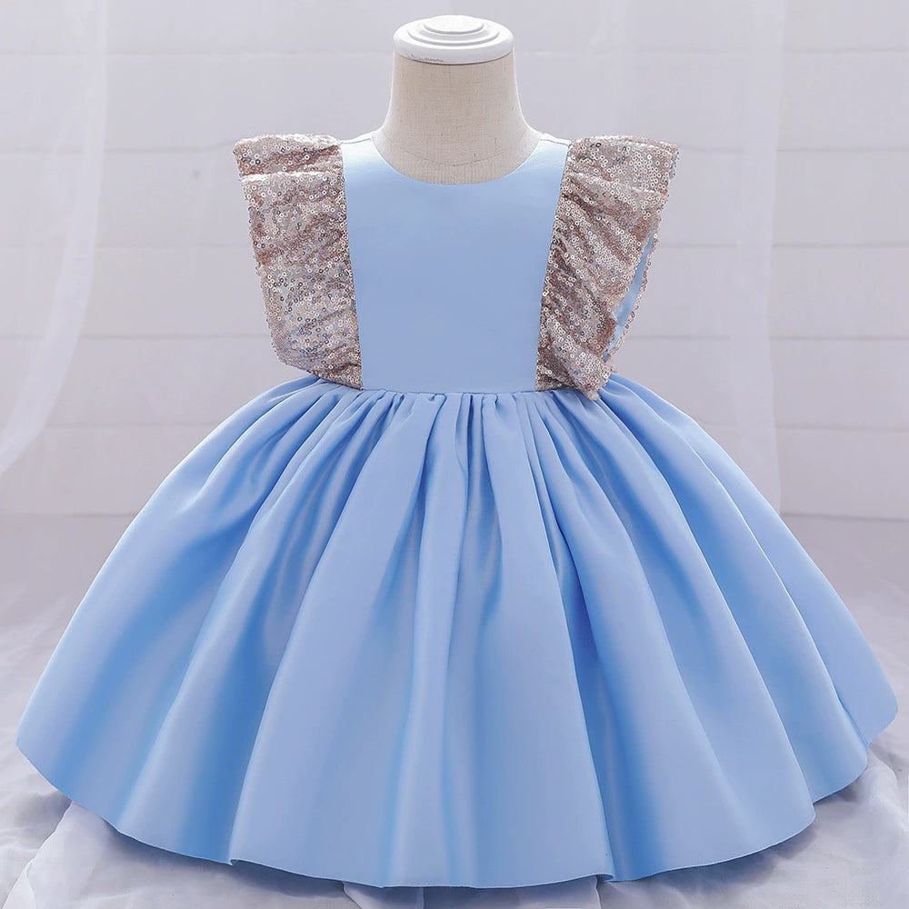 Royal Blue Satin Princess Round Tea Length Flower Girl Dress for Weddings, Parties & Special Occasions