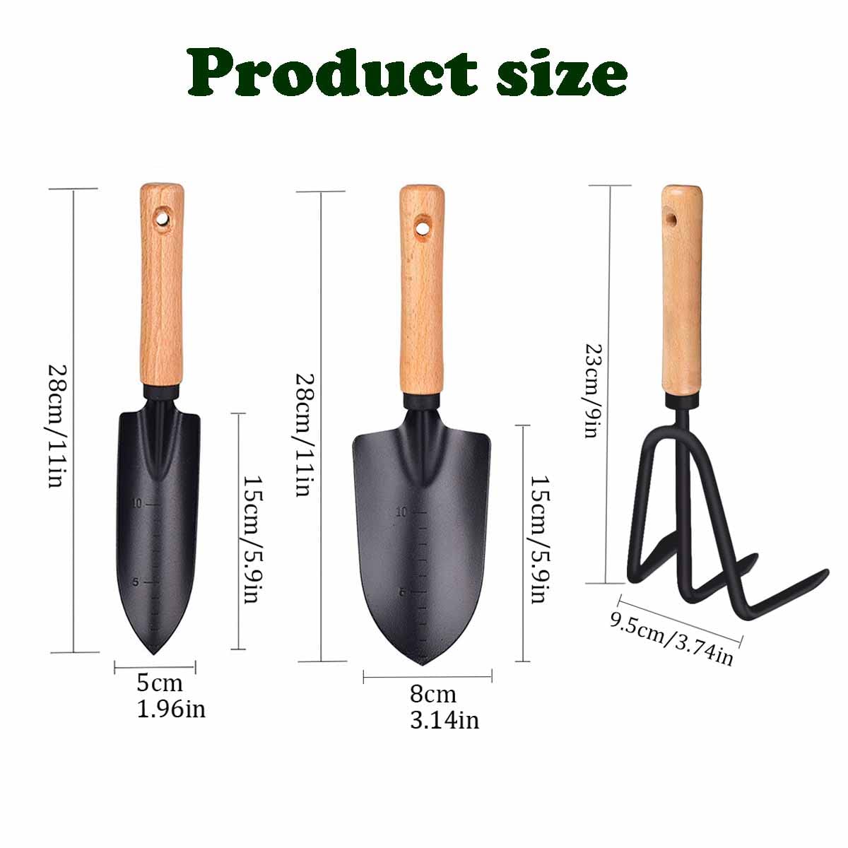 3pc Garden Tool Set - Rake & Trowel with Wood Handle for Outdoor Planting