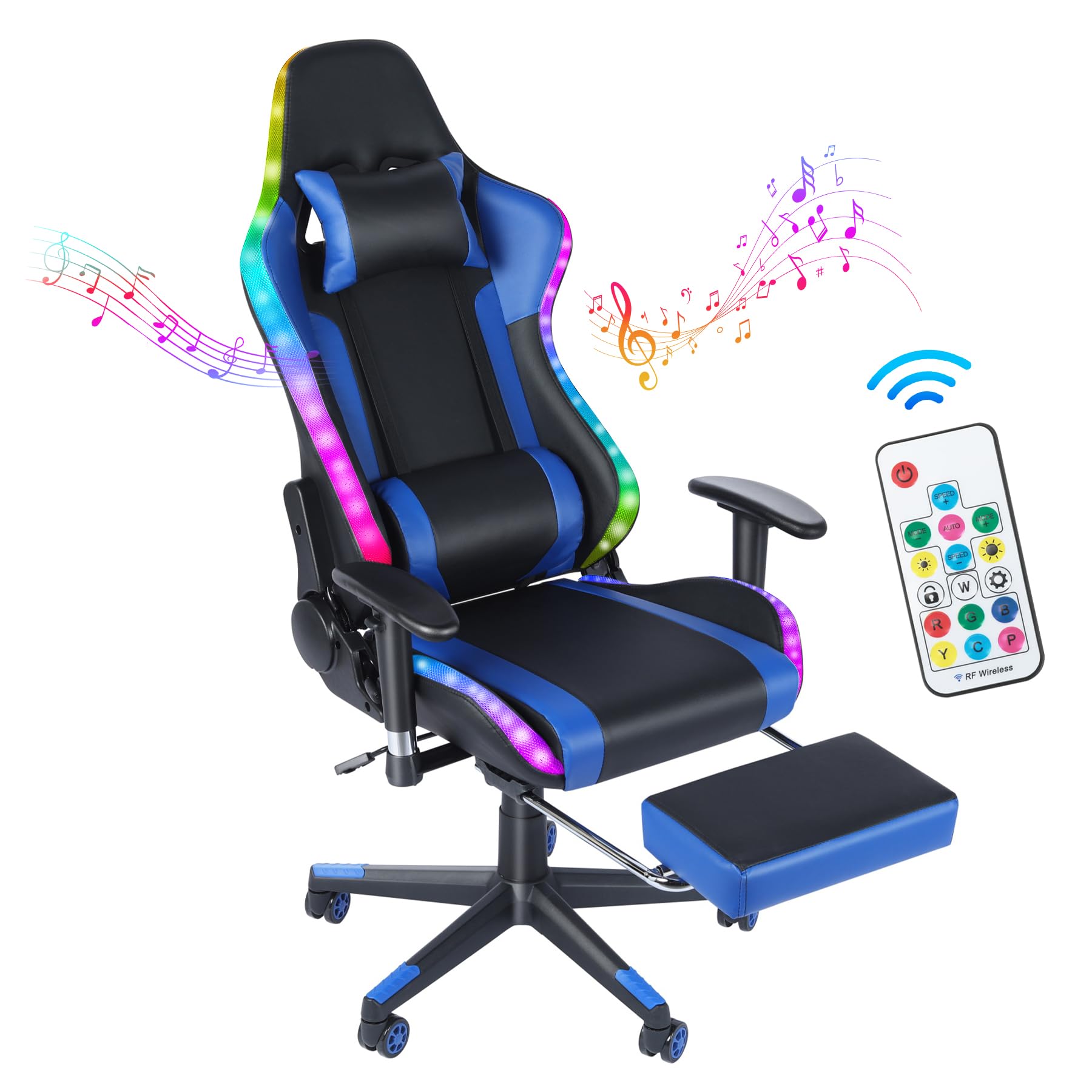 YOUTHUP Ergonomic Gaming Chair with Bluetooth Speakers, RGB LED Lights & Footrest - Adjustable Reclining PU Leather High Back Office Chair for Adults & Teens (Blue) - Perfect for Gaming, Streaming & Home Office Setup